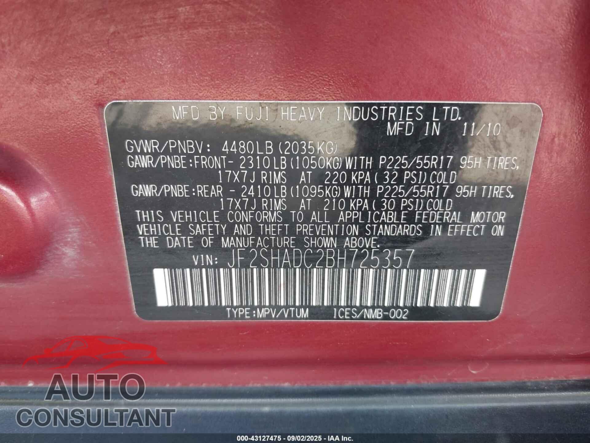 SUBARU FORESTER 2011 - JF2SHADC2BH725357