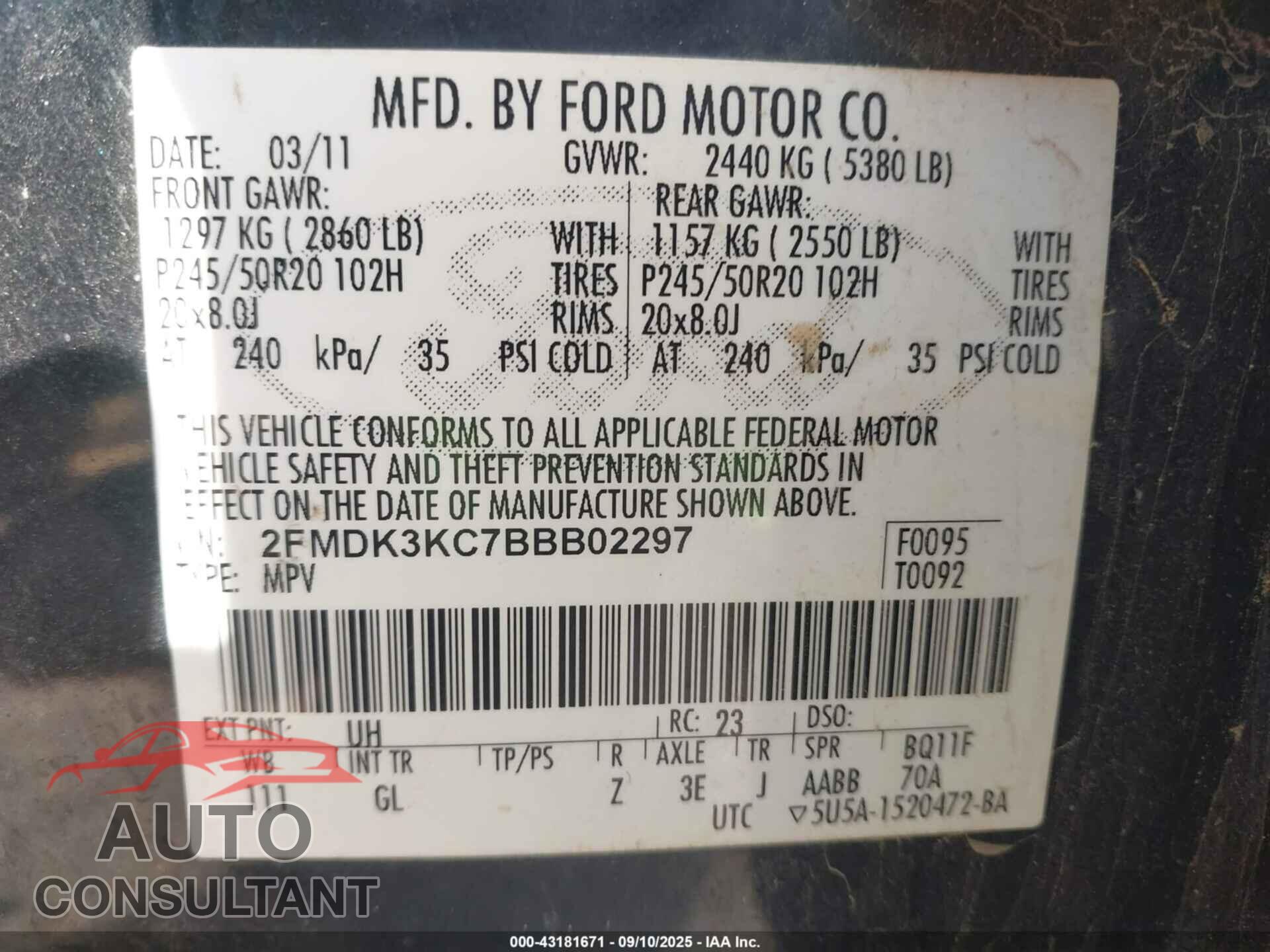 FORD EDGE 2011 - 2FMDK3KC7BBB02297