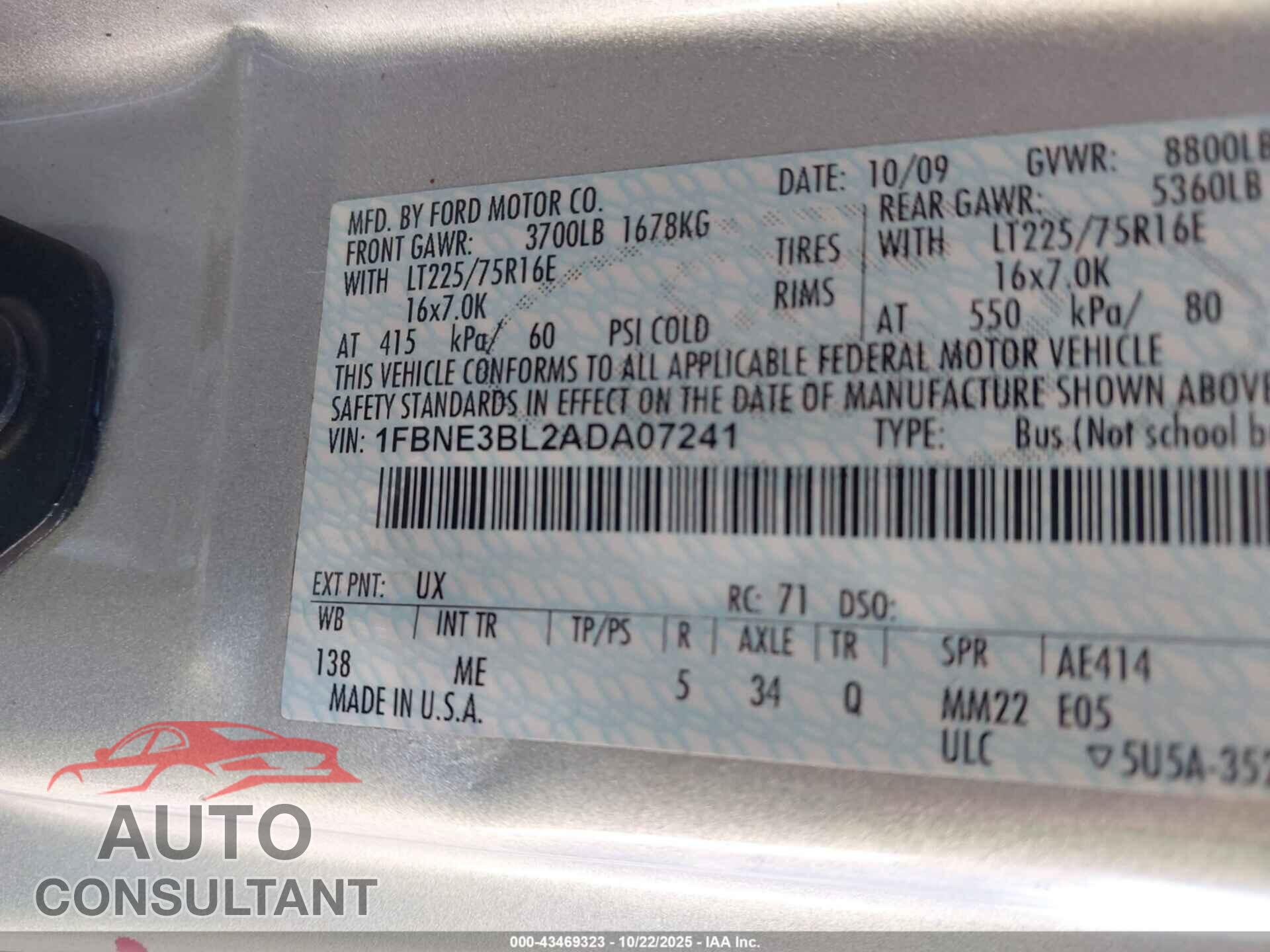 FORD E-350 SUPER DUTY 2010 - 1FBNE3BL2ADA07241