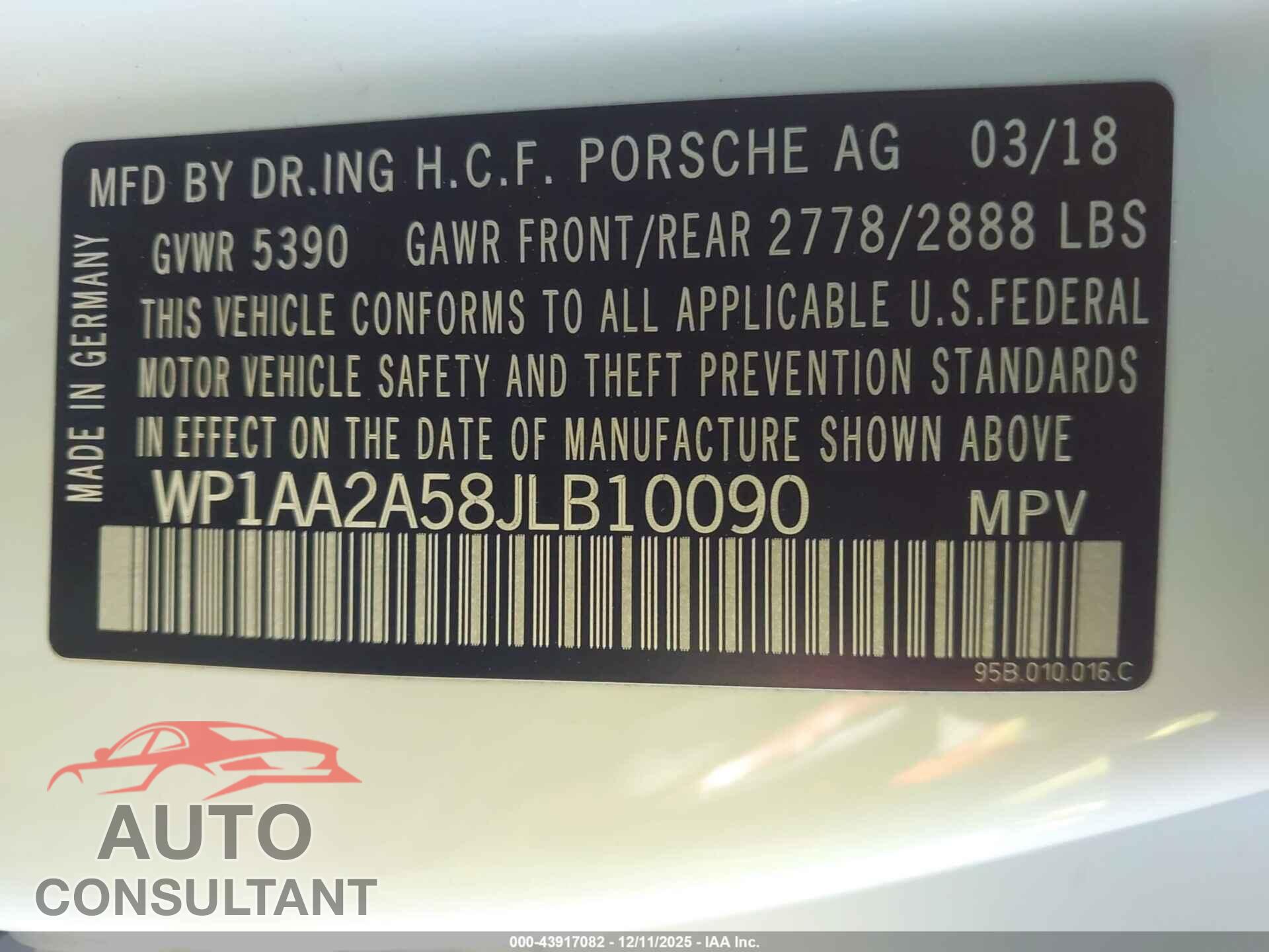 PORSCHE MACAN 2018 - WP1AA2A58JLB10090