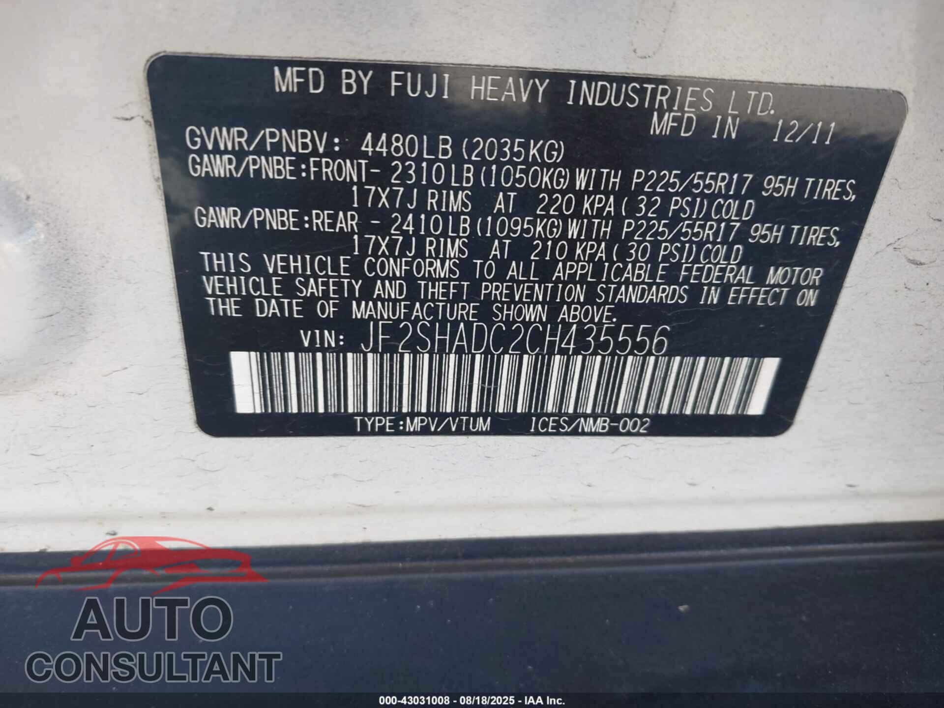 SUBARU FORESTER 2012 - JF2SHADC2CH435556