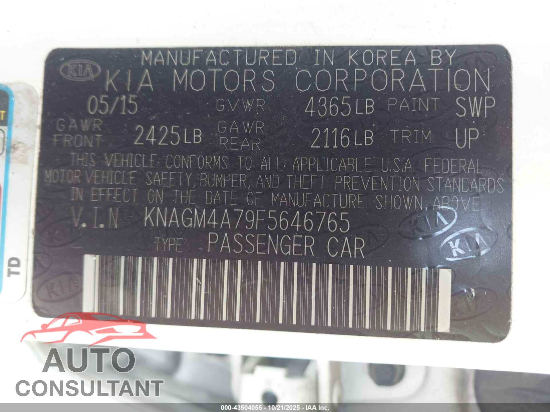 KIA OPTIMA 2015 - KNAGM4A79F5646765