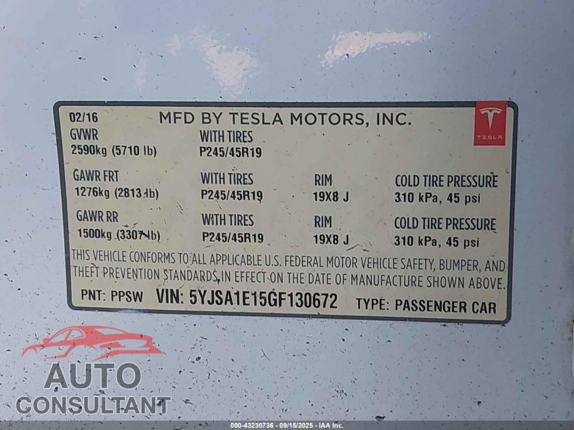 TESLA MODEL S 2016 - 5YJSA1E15GF130672