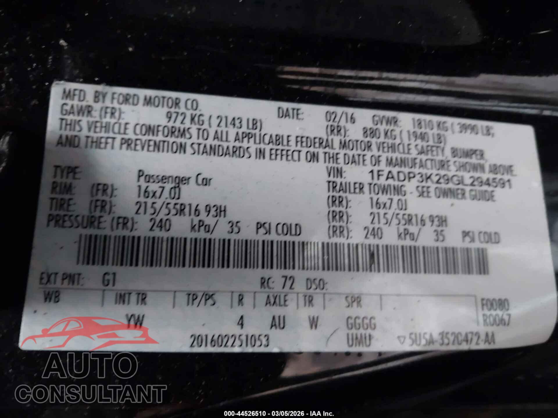 FORD FOCUS 2016 - 1FADP3K29GL294591