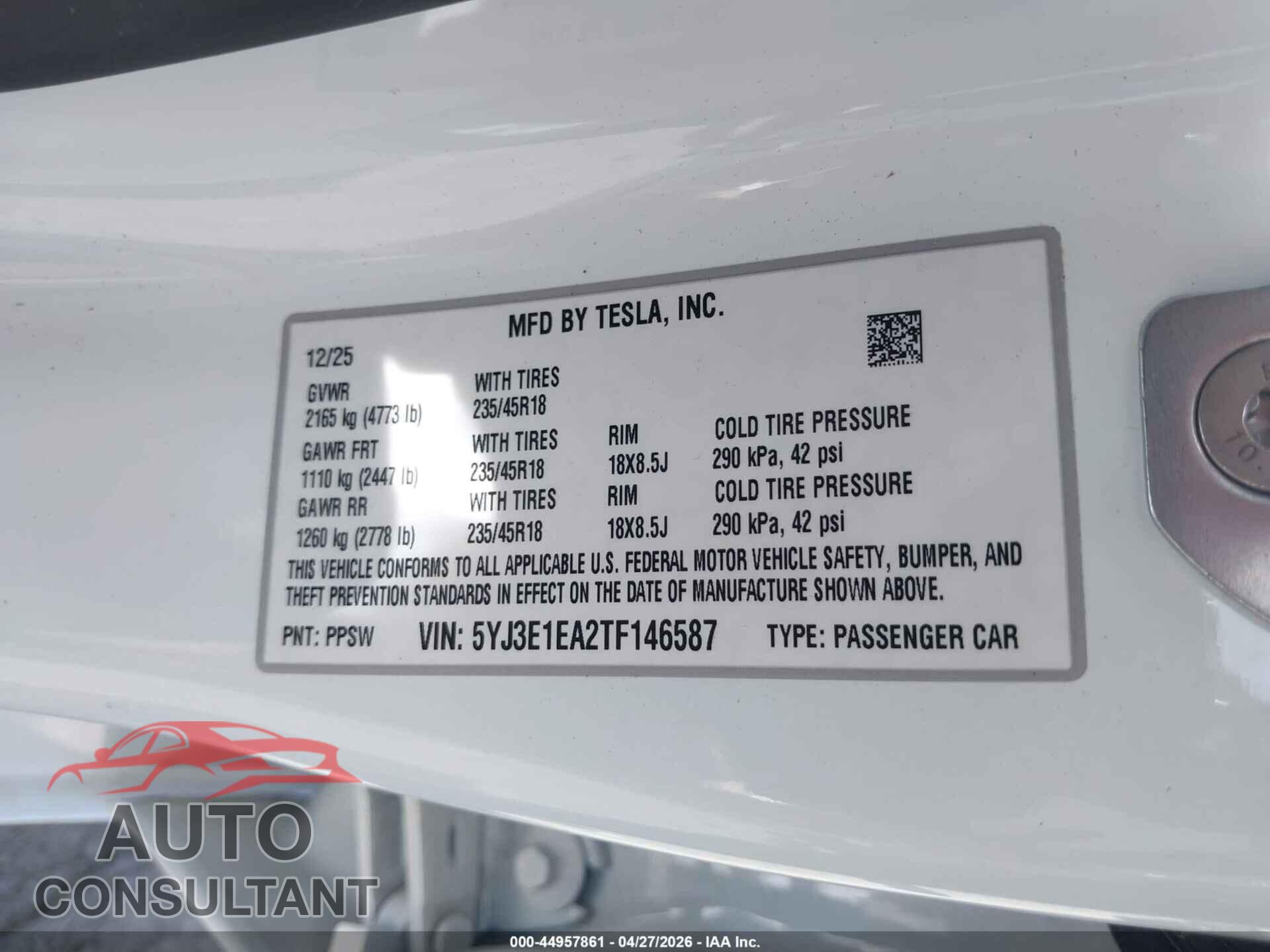 TESLA MODEL 3 2026 - 5YJ3E1EA2TF146587