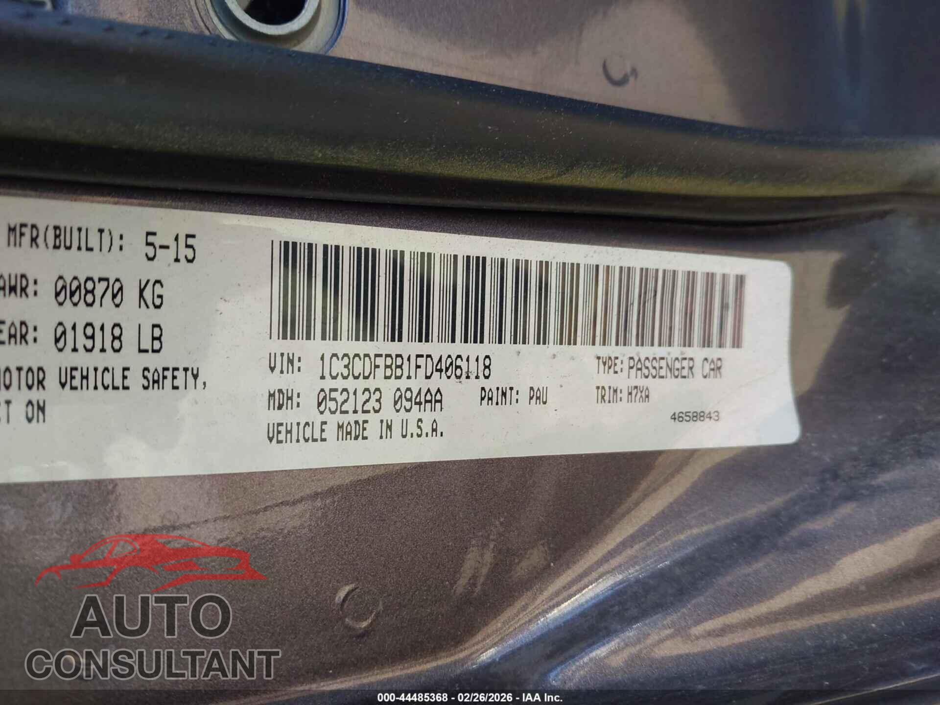 DODGE DART 2015 - 1C3CDFBB1FD406118