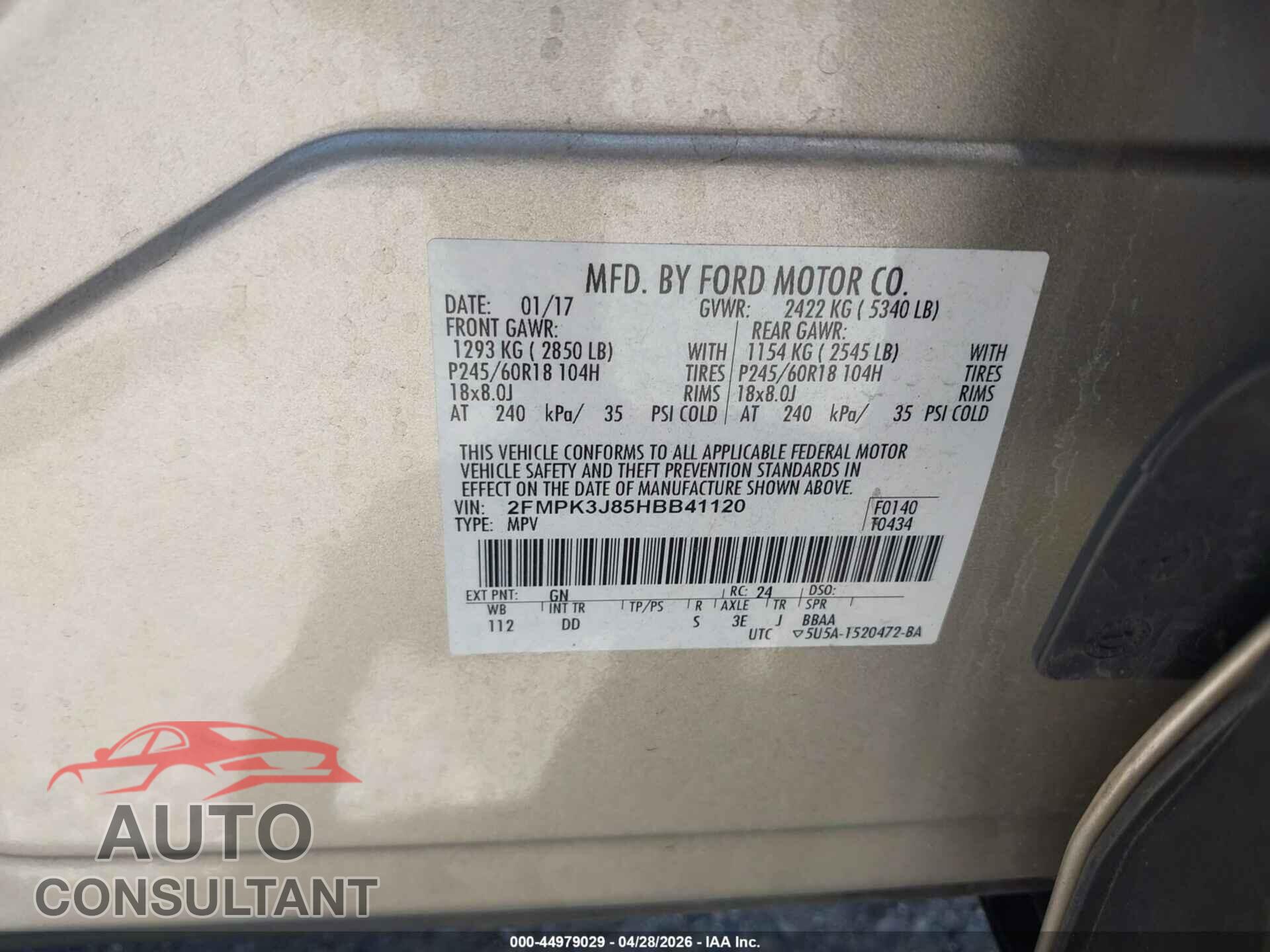 FORD EDGE 2017 - 2FMPK3J85HBB41120
