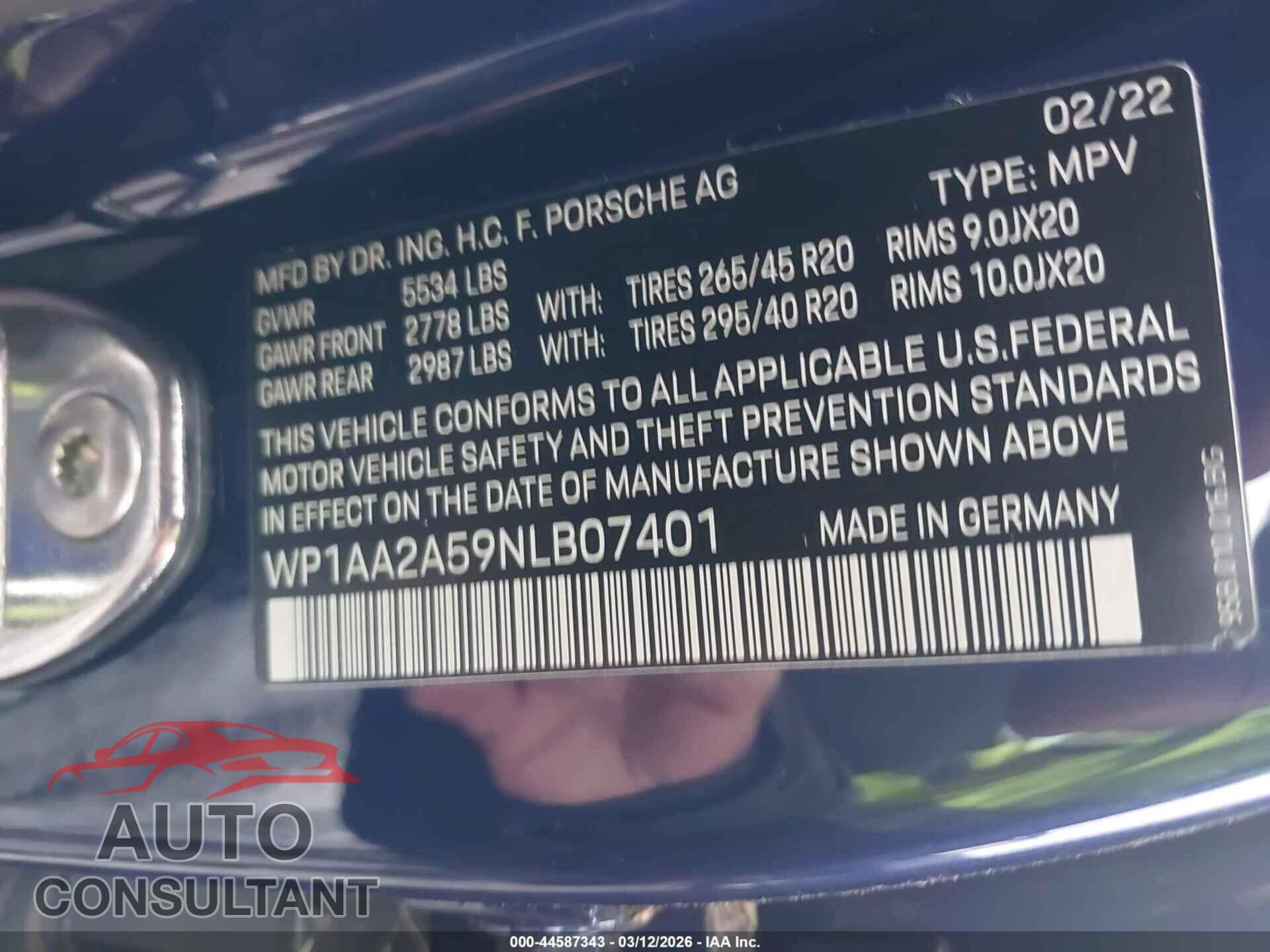 PORSCHE MACAN 2022 - WP1AA2A59NLB07401