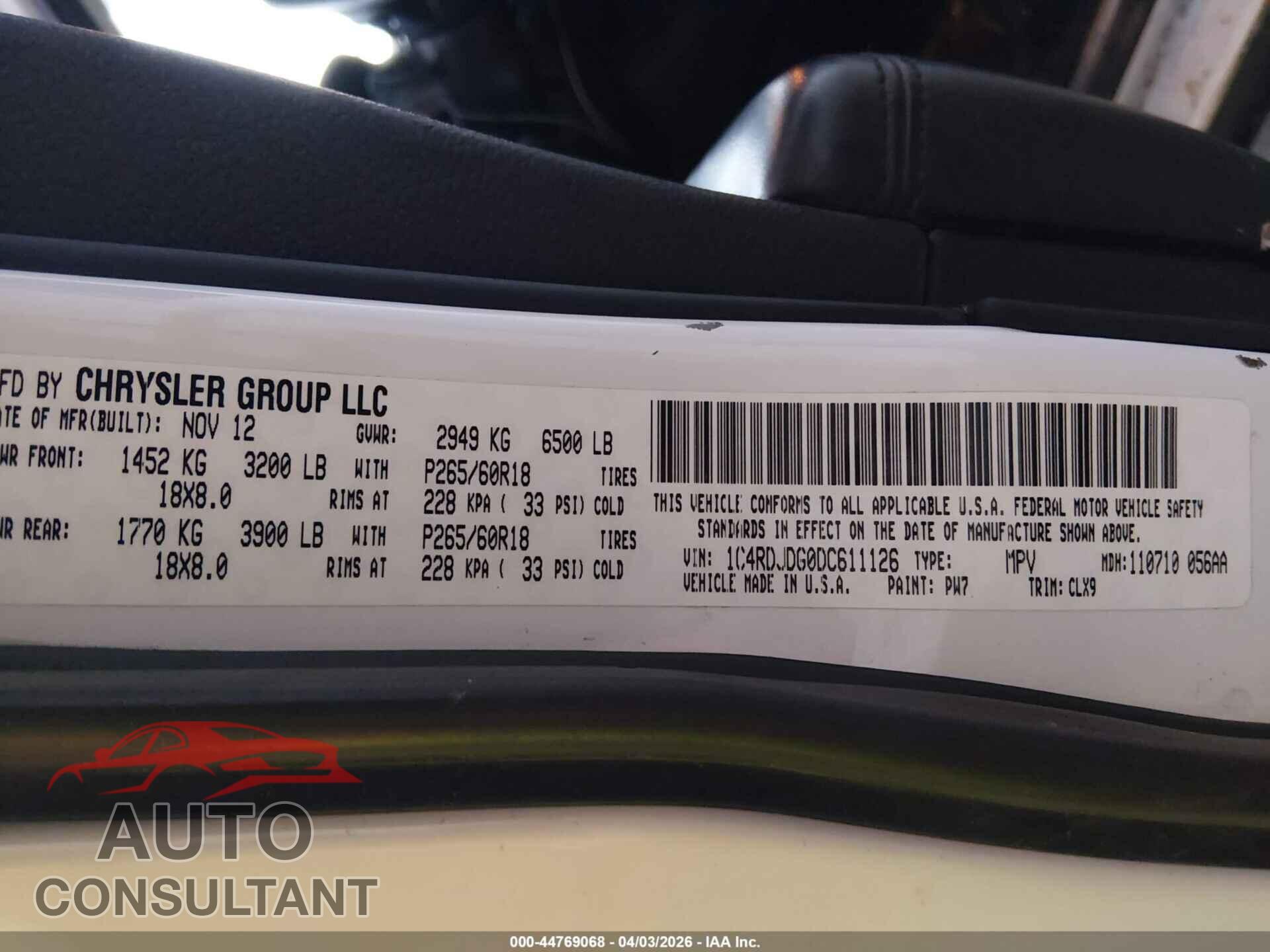 DODGE DURANGO 2013 - 1C4RDJDG0DC611126