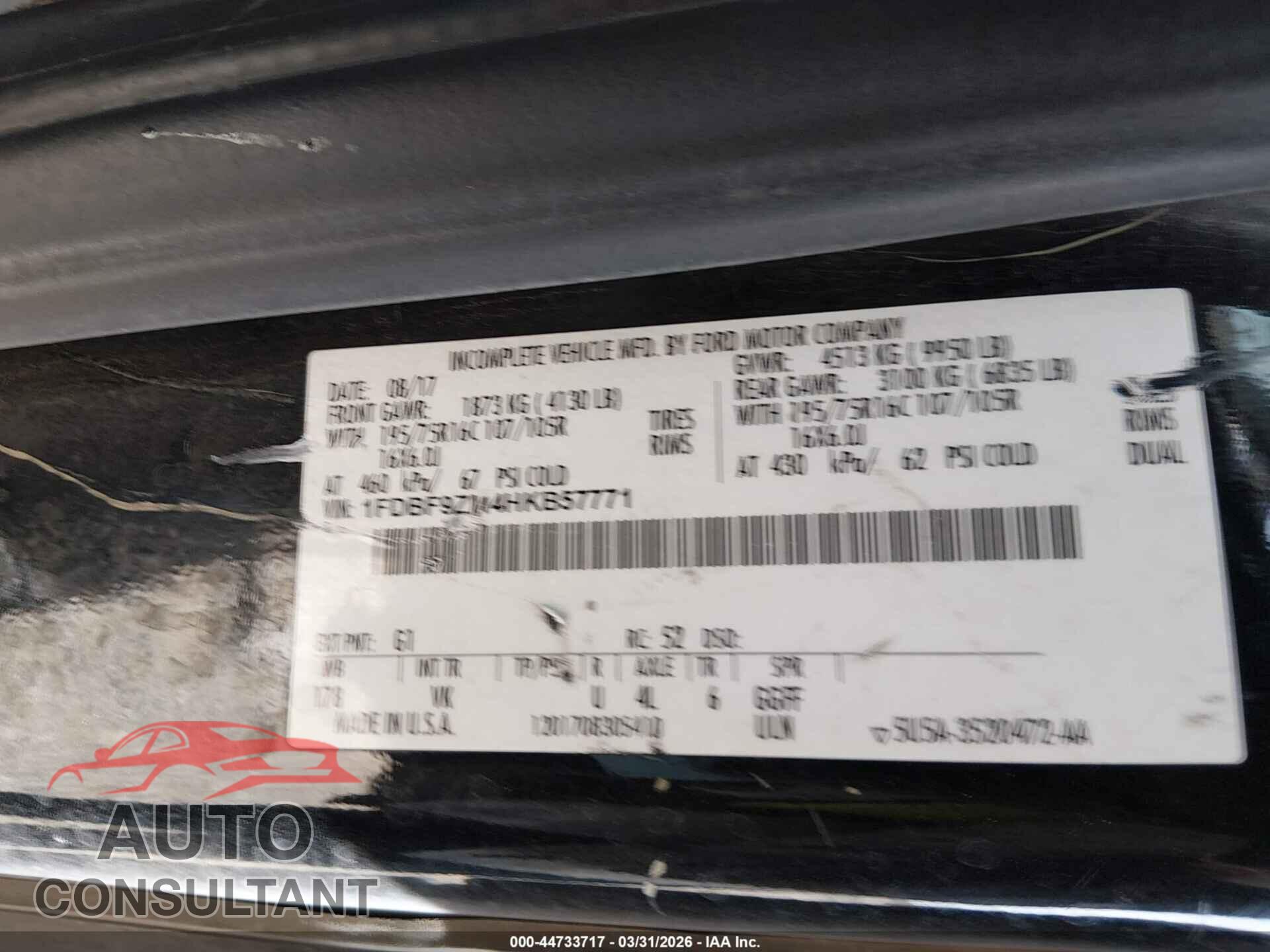FORD TRANSIT-350 CAB 2017 - 1FDBF9ZM4HKB57771