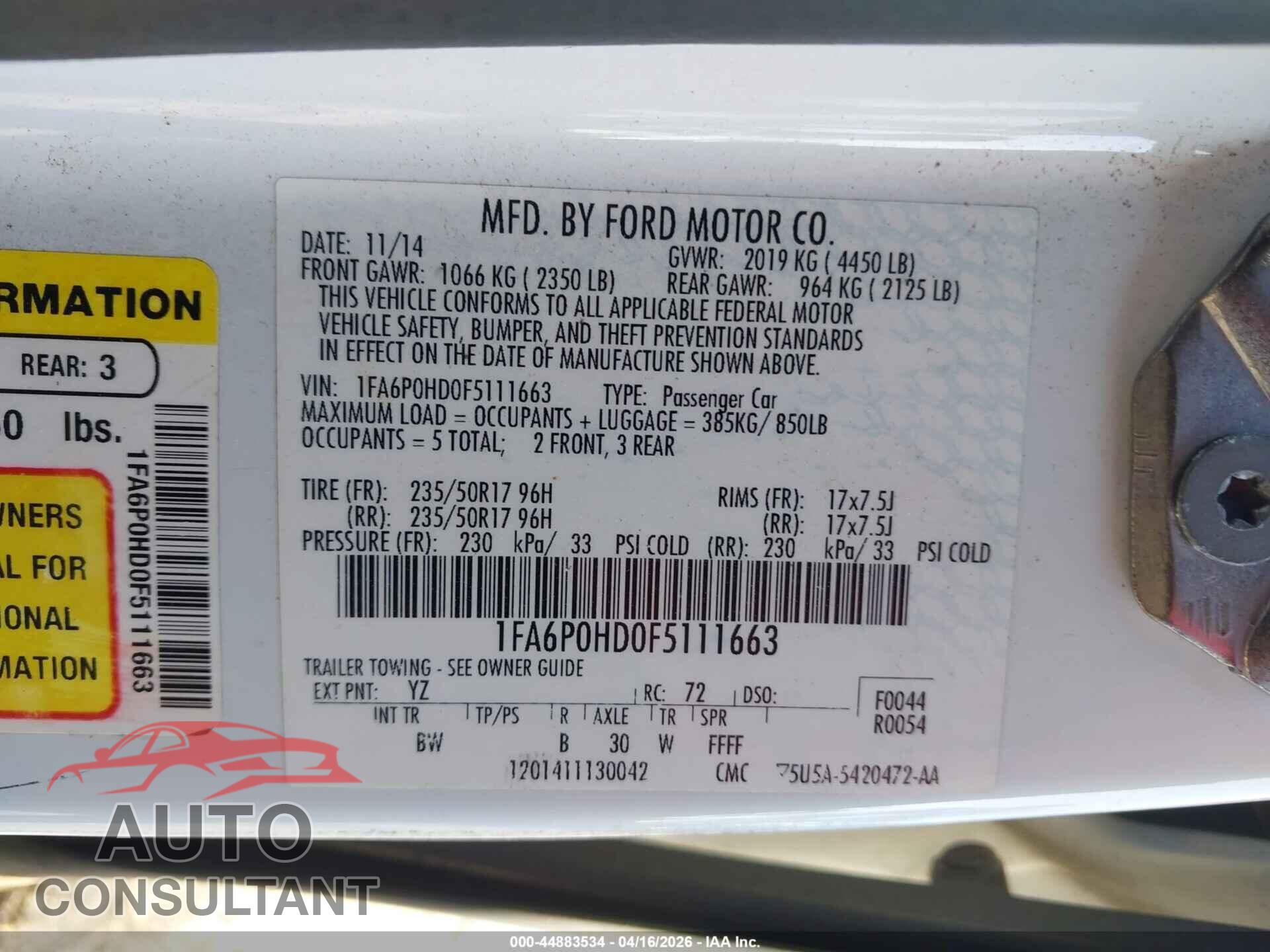 FORD FUSION 2015 - 1FA6P0HD0F5111663