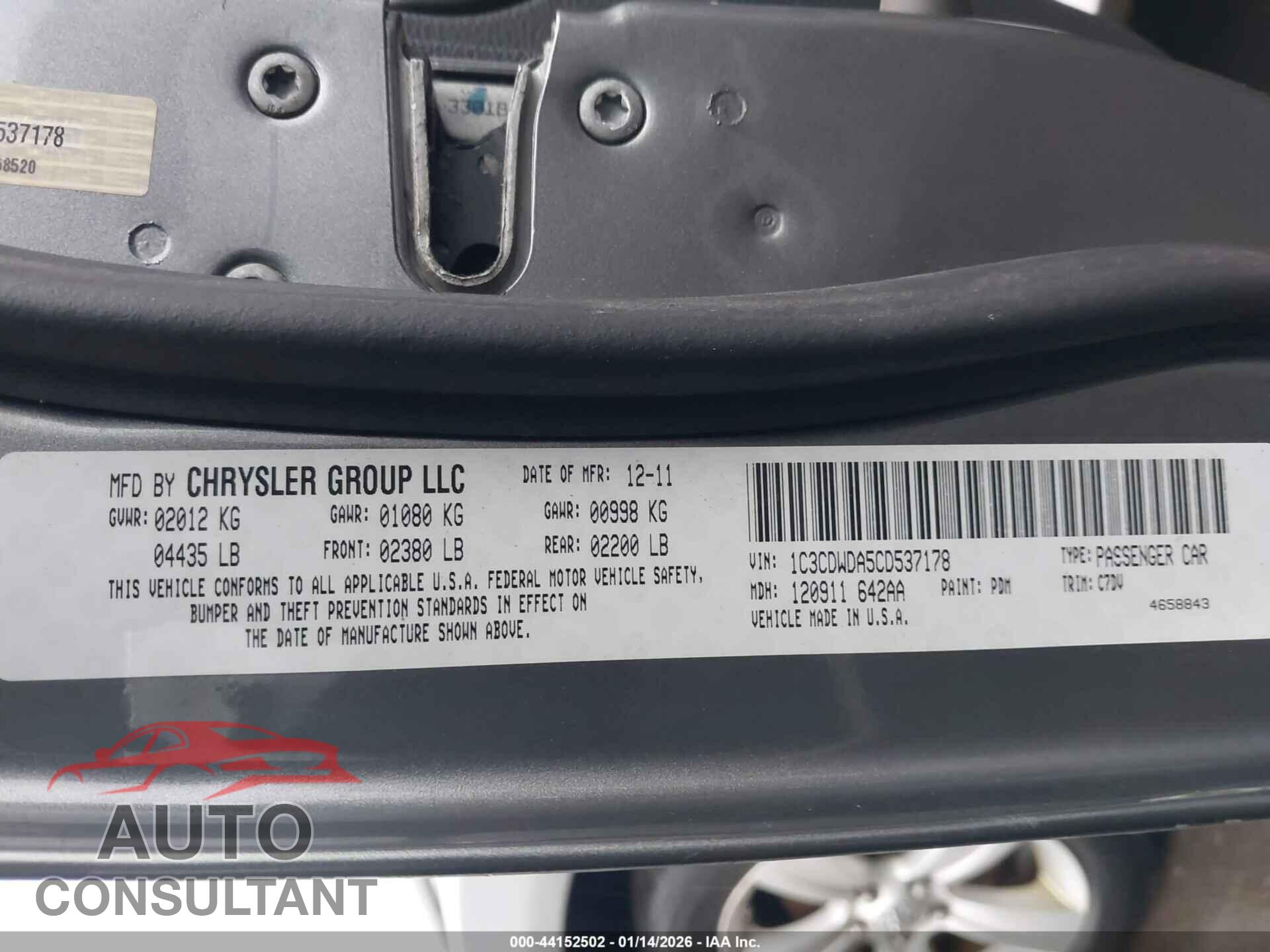 DODGE CALIBER 2012 - 1C3CDWDA5CD537178