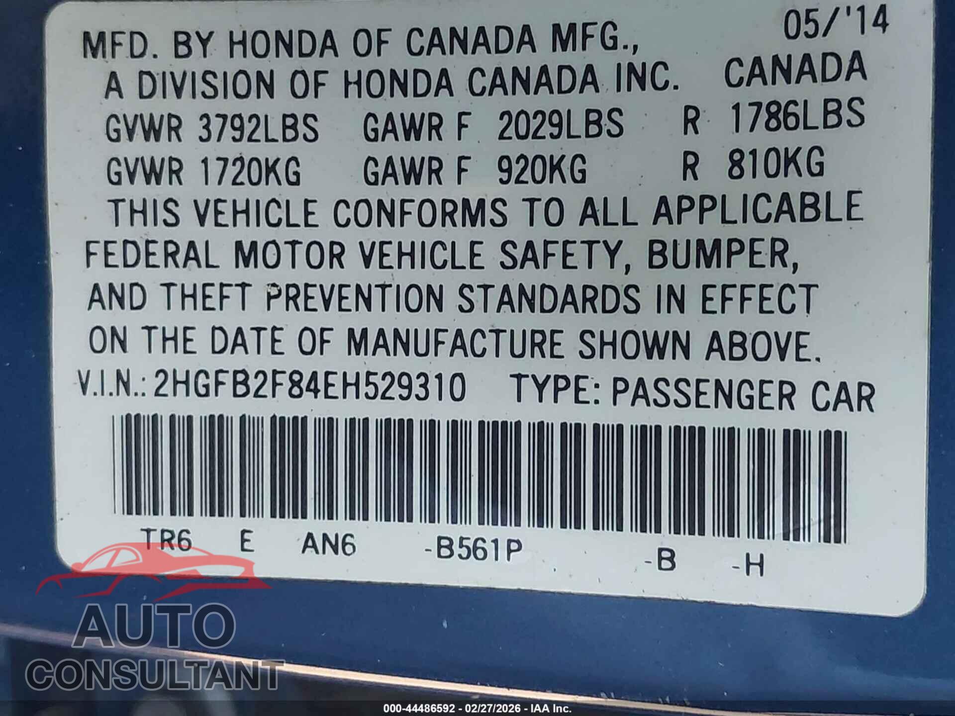 HONDA CIVIC 2014 - 2HGFB2F84EH529310