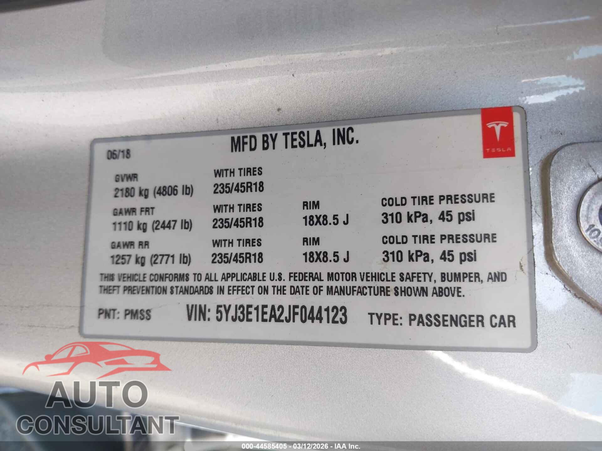TESLA MODEL 3 2018 - 5YJ3E1EA2JF044123