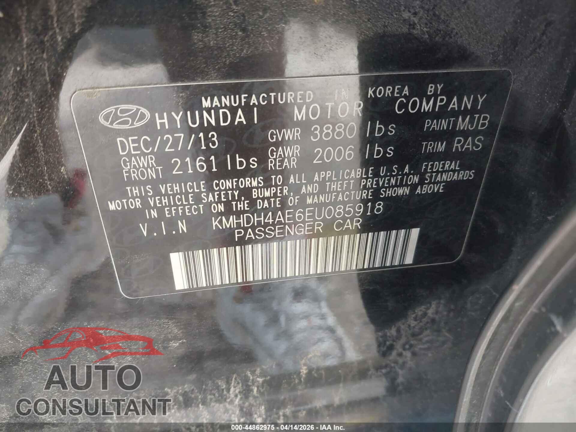 HYUNDAI ELANTRA 2014 - KMHDH4AE6EU085918