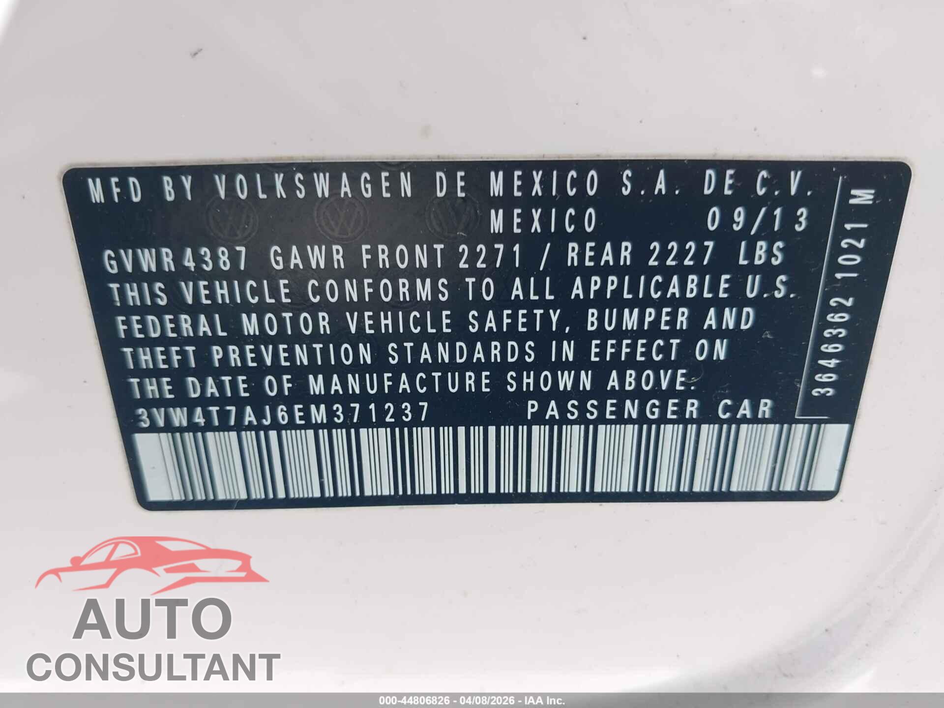 VOLKSWAGEN JETTA 2014 - 3VW4T7AJ6EM371237