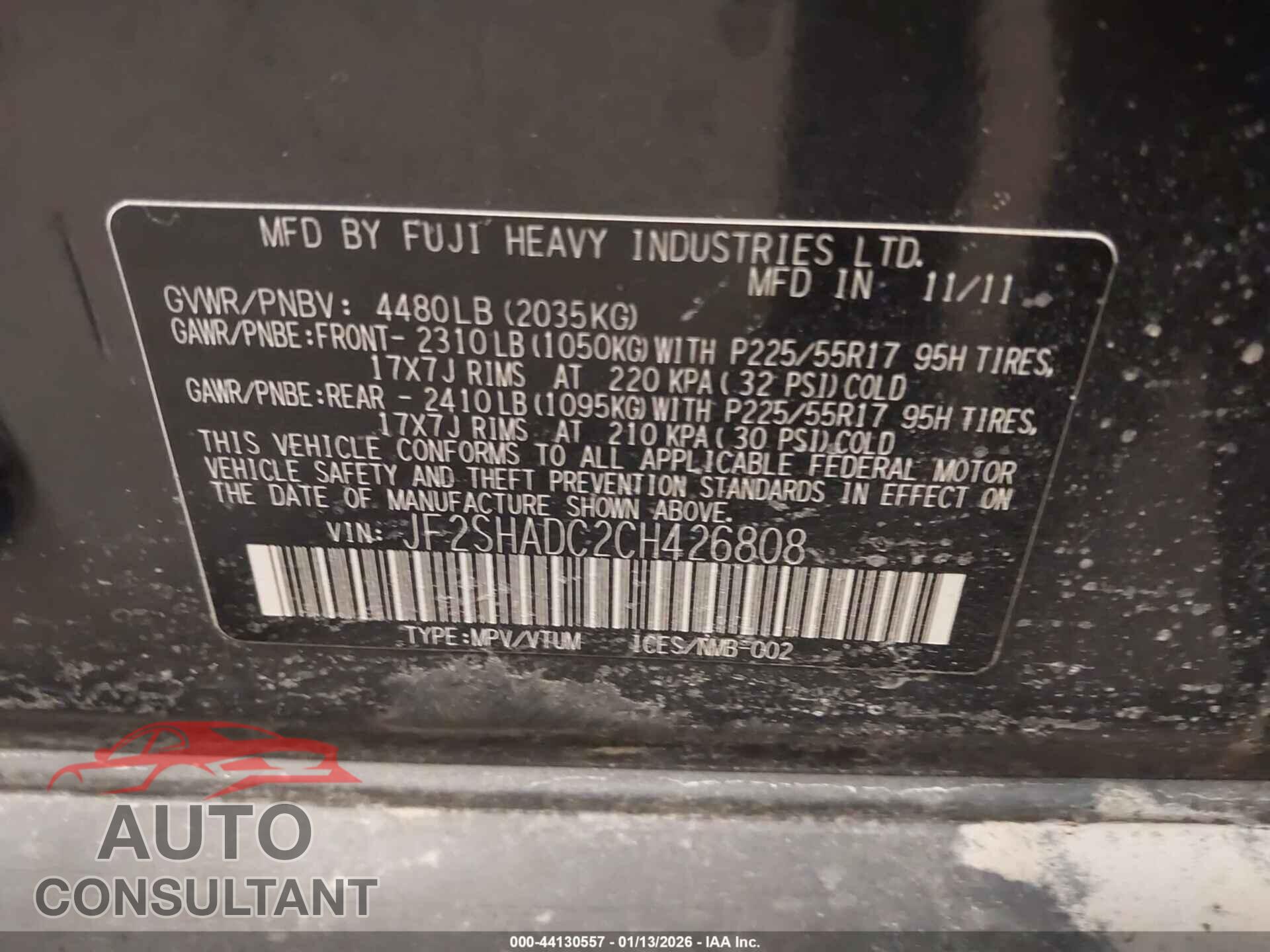 SUBARU FORESTER 2012 - JF2SHADC2CH426808