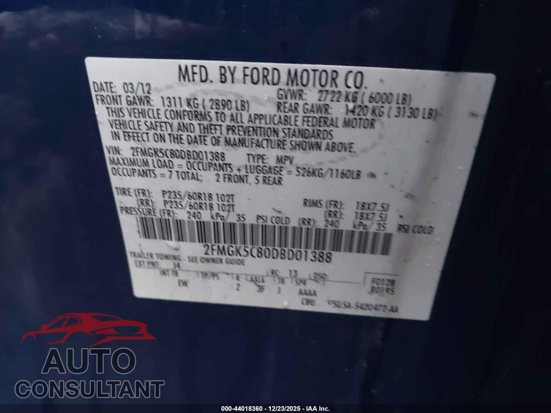 FORD FLEX 2013 - 2FMGK5C80DBD01388