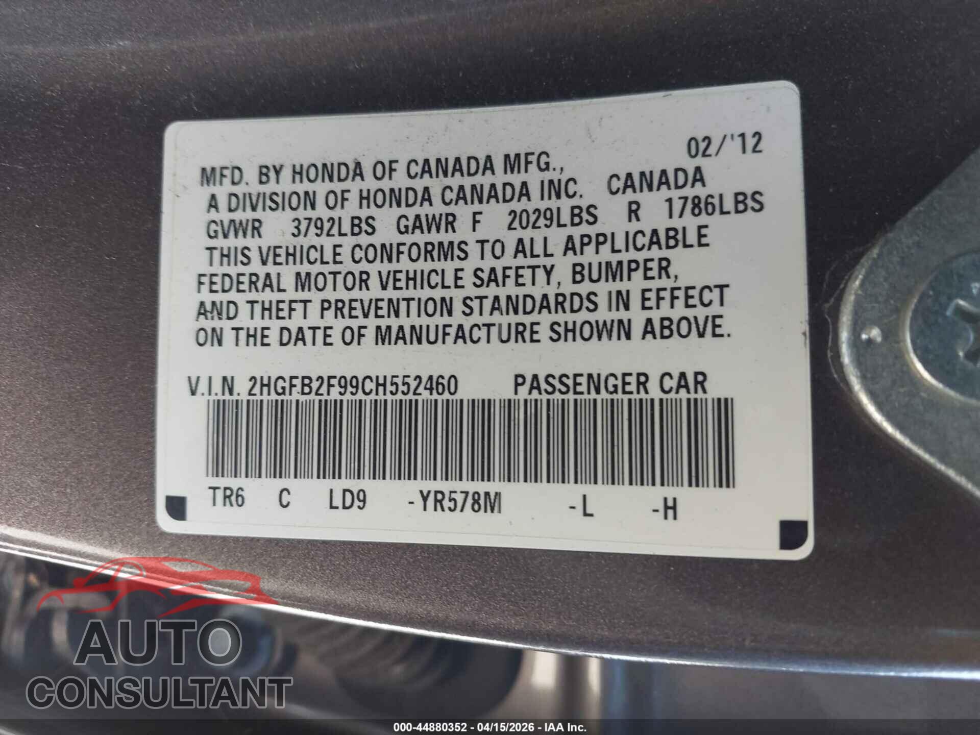 HONDA CIVIC 2012 - 2HGFB2F99CH552460