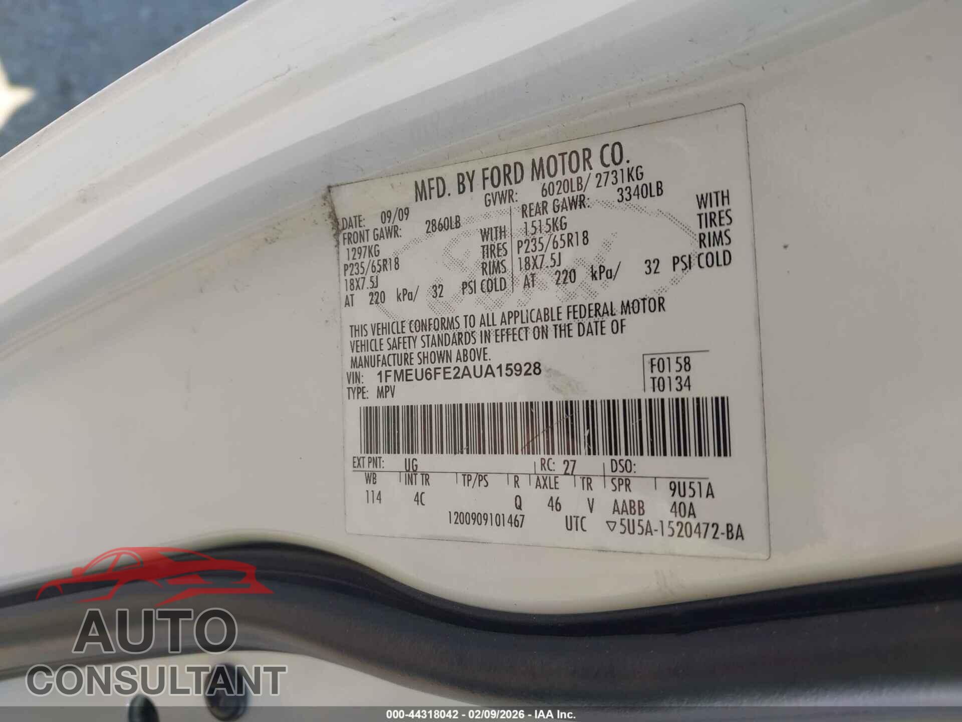 FORD EXPLORER 2010 - 1FMEU6FE2AUA15928