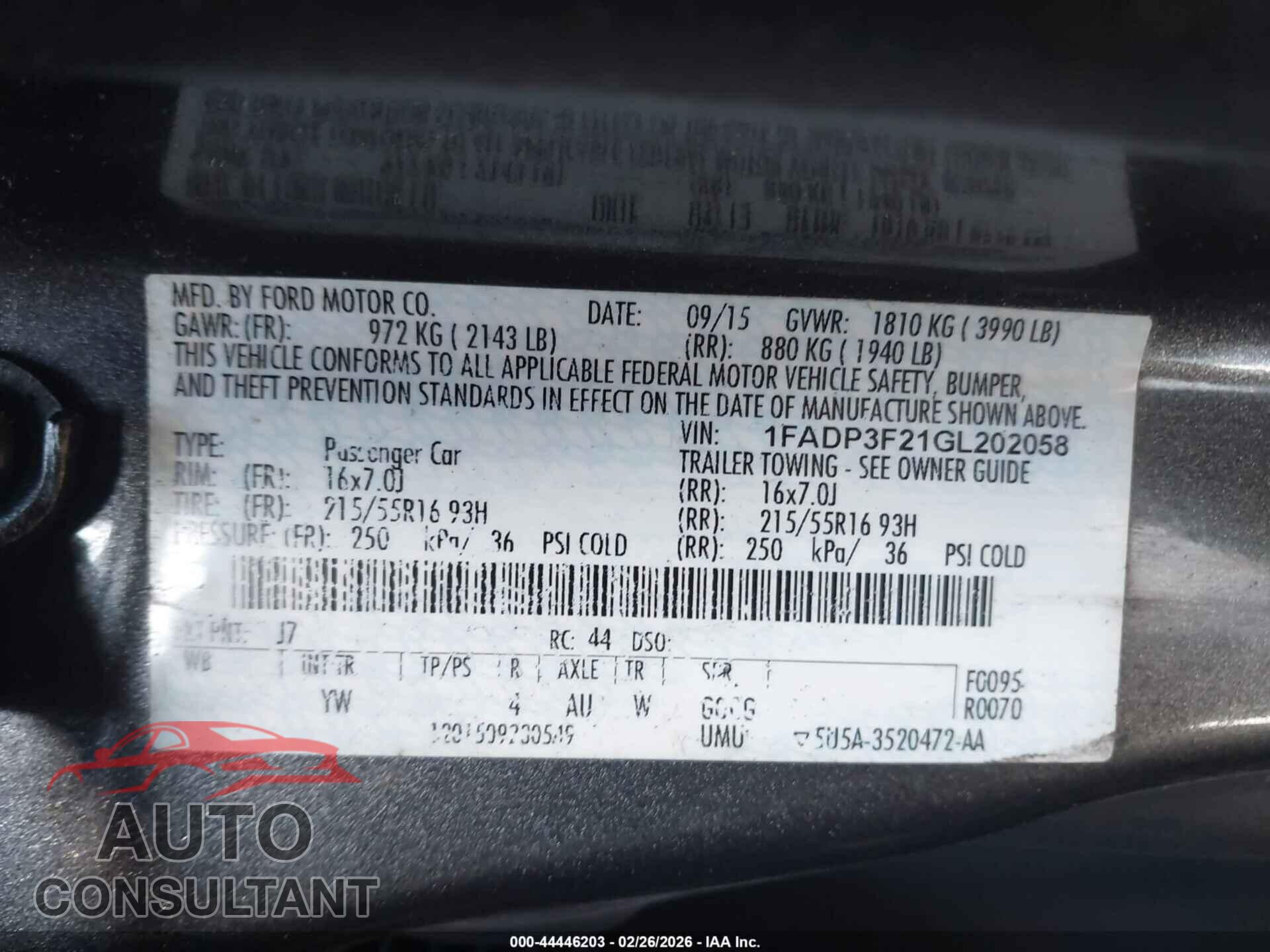 FORD FOCUS 2016 - 1FADP3F21GL202058