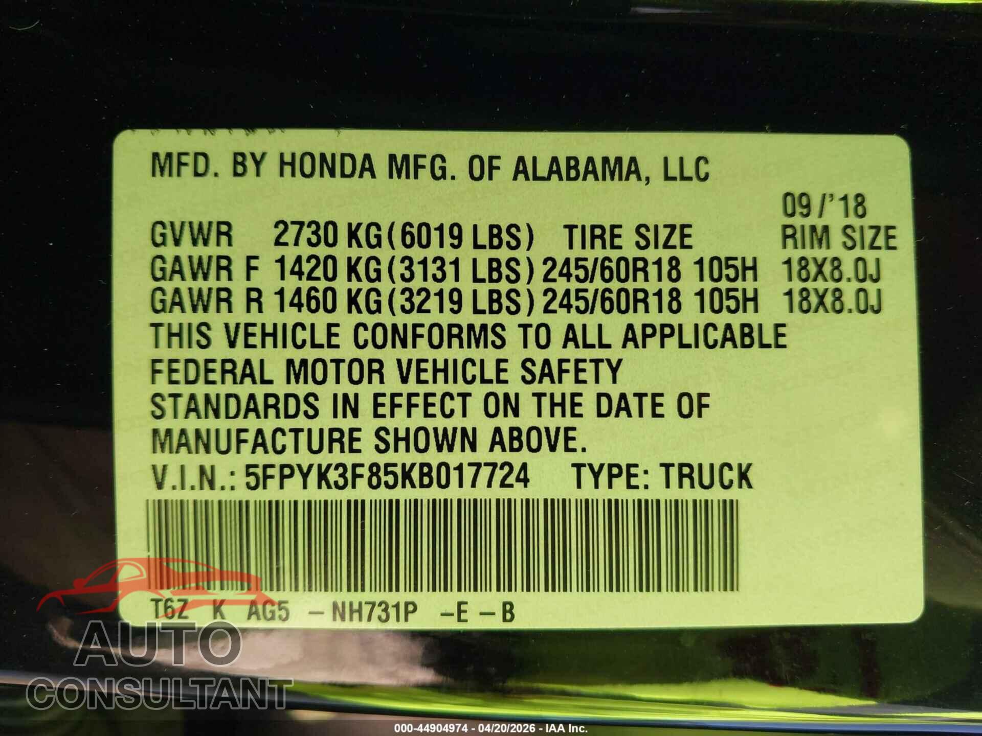 HONDA RIDGELINE 2019 - 5FPYK3F85KB017724