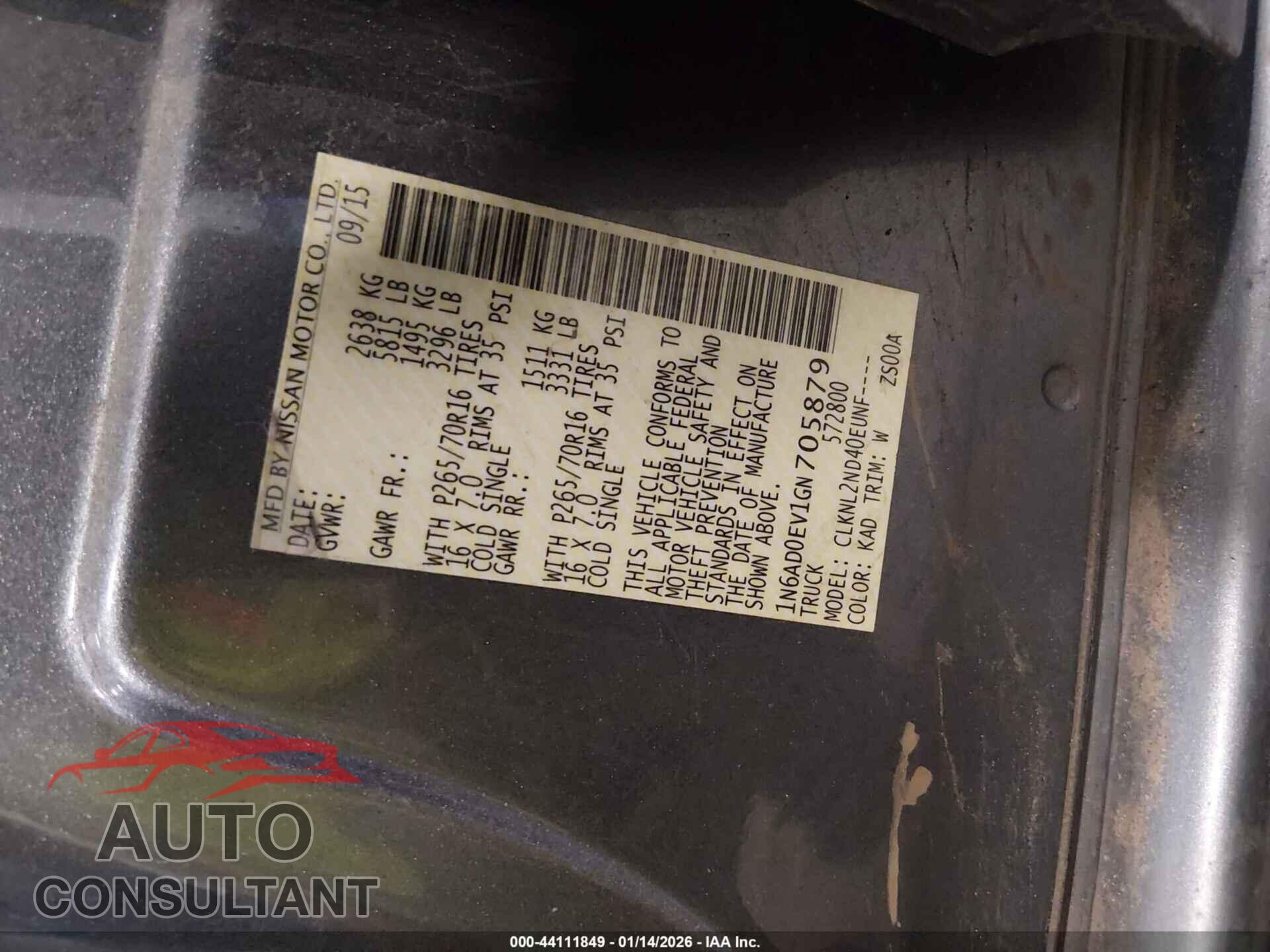 NISSAN FRONTIER 2016 - 1N6AD0EV1GN705879