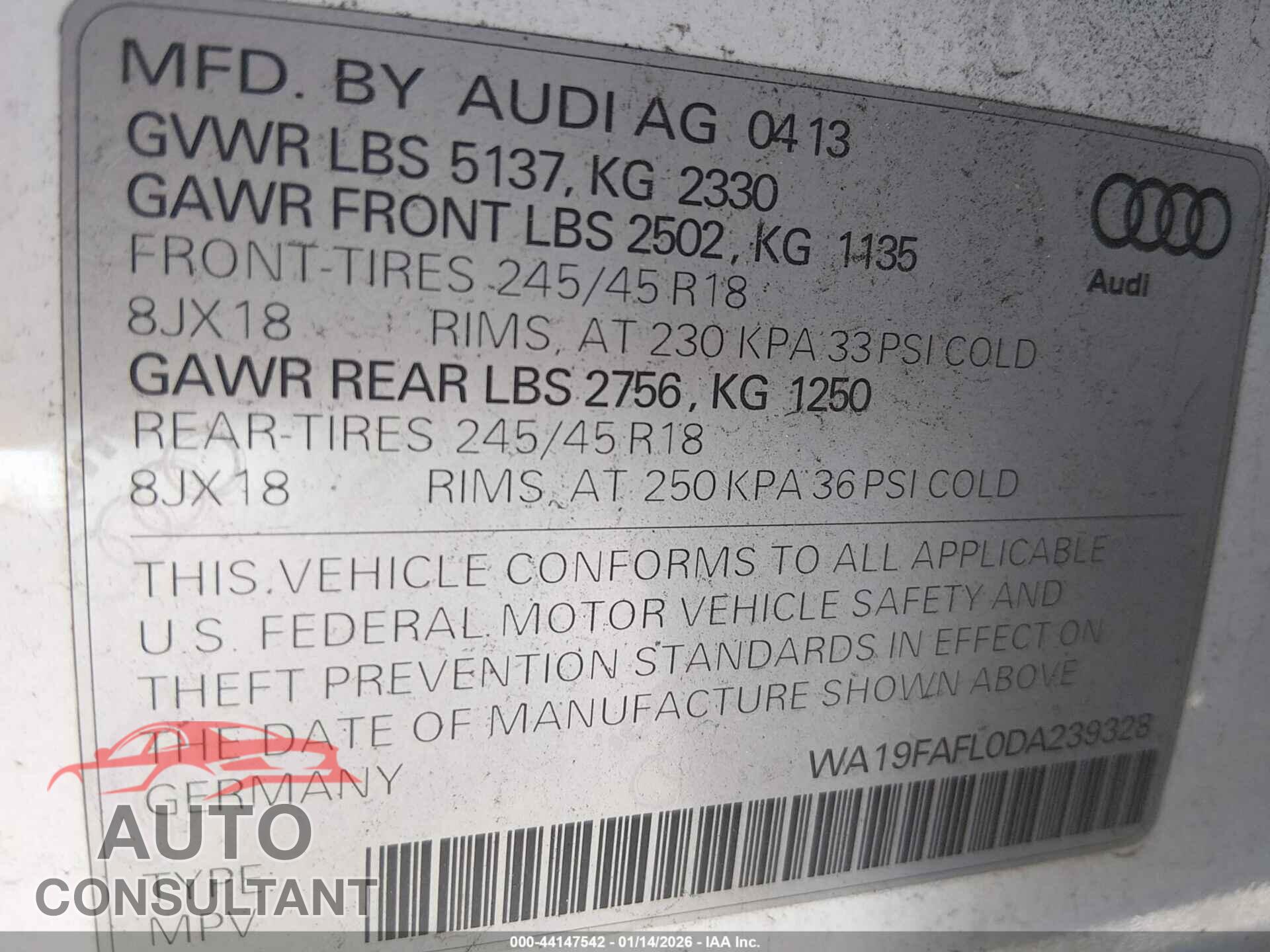 AUDI ALLROAD 2013 - WA19FAFL0DA239328