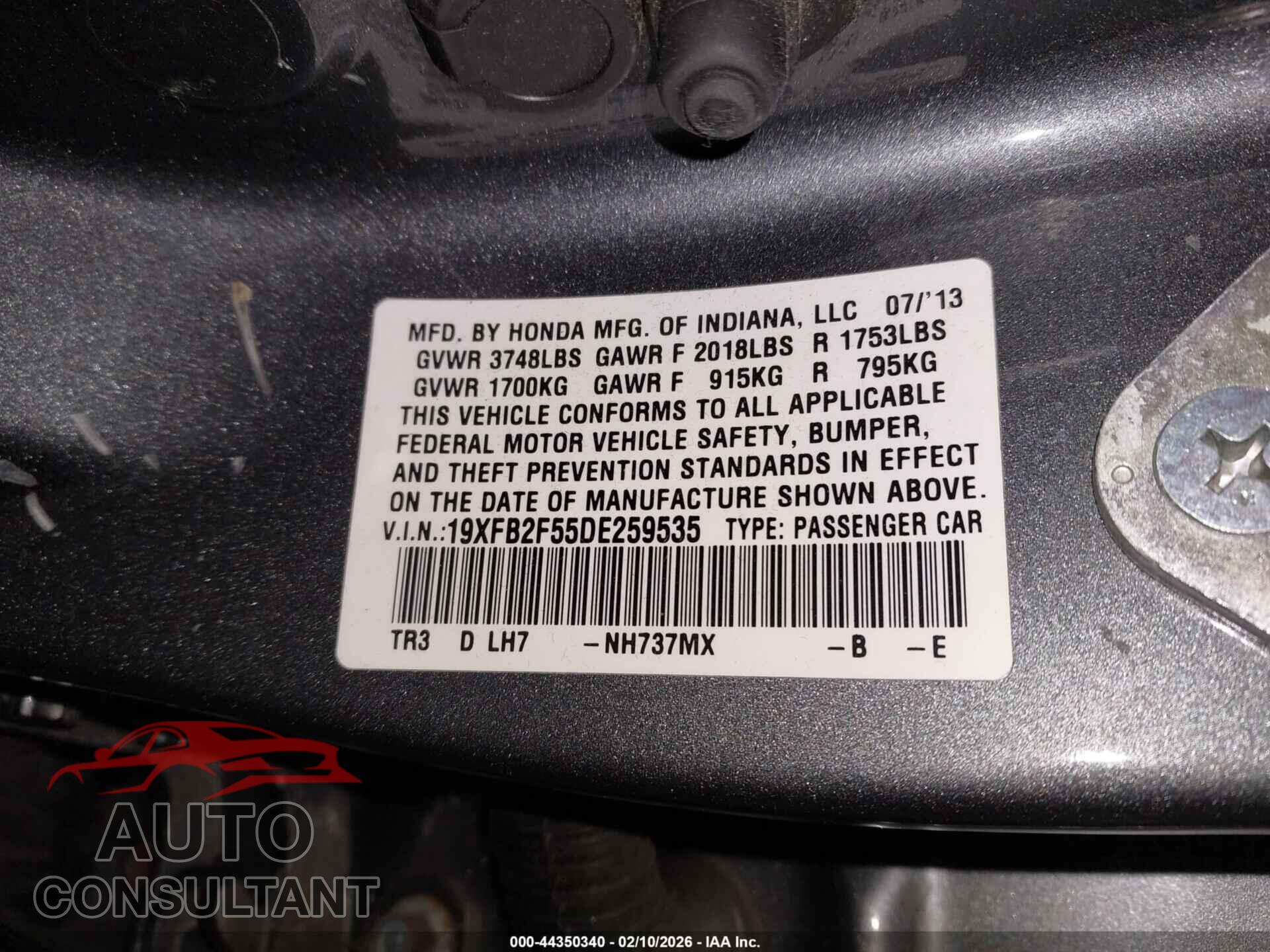HONDA CIVIC 2013 - 19XFB2F55DE259535