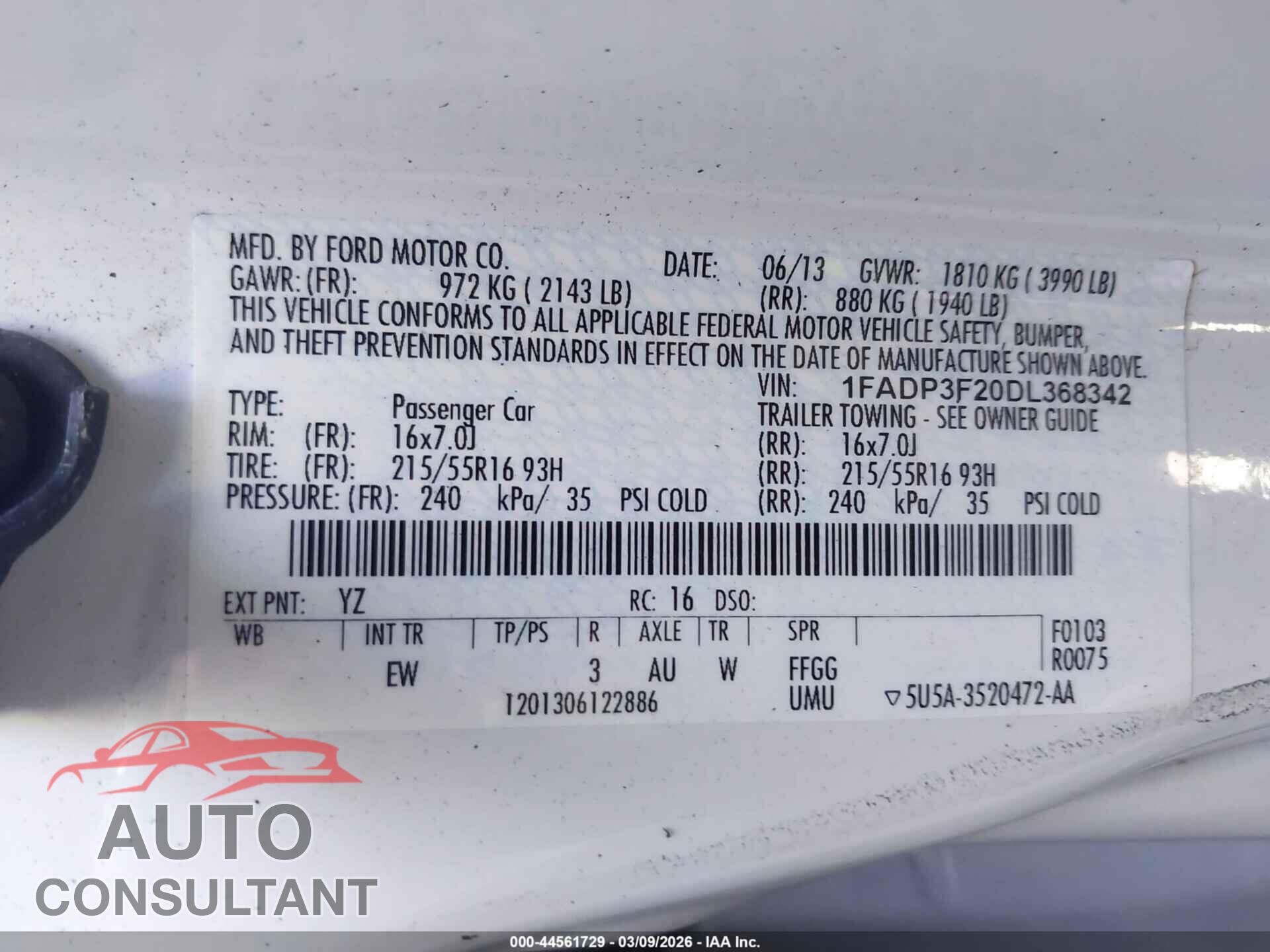 FORD FOCUS 2013 - 1FADP3F20DL368342