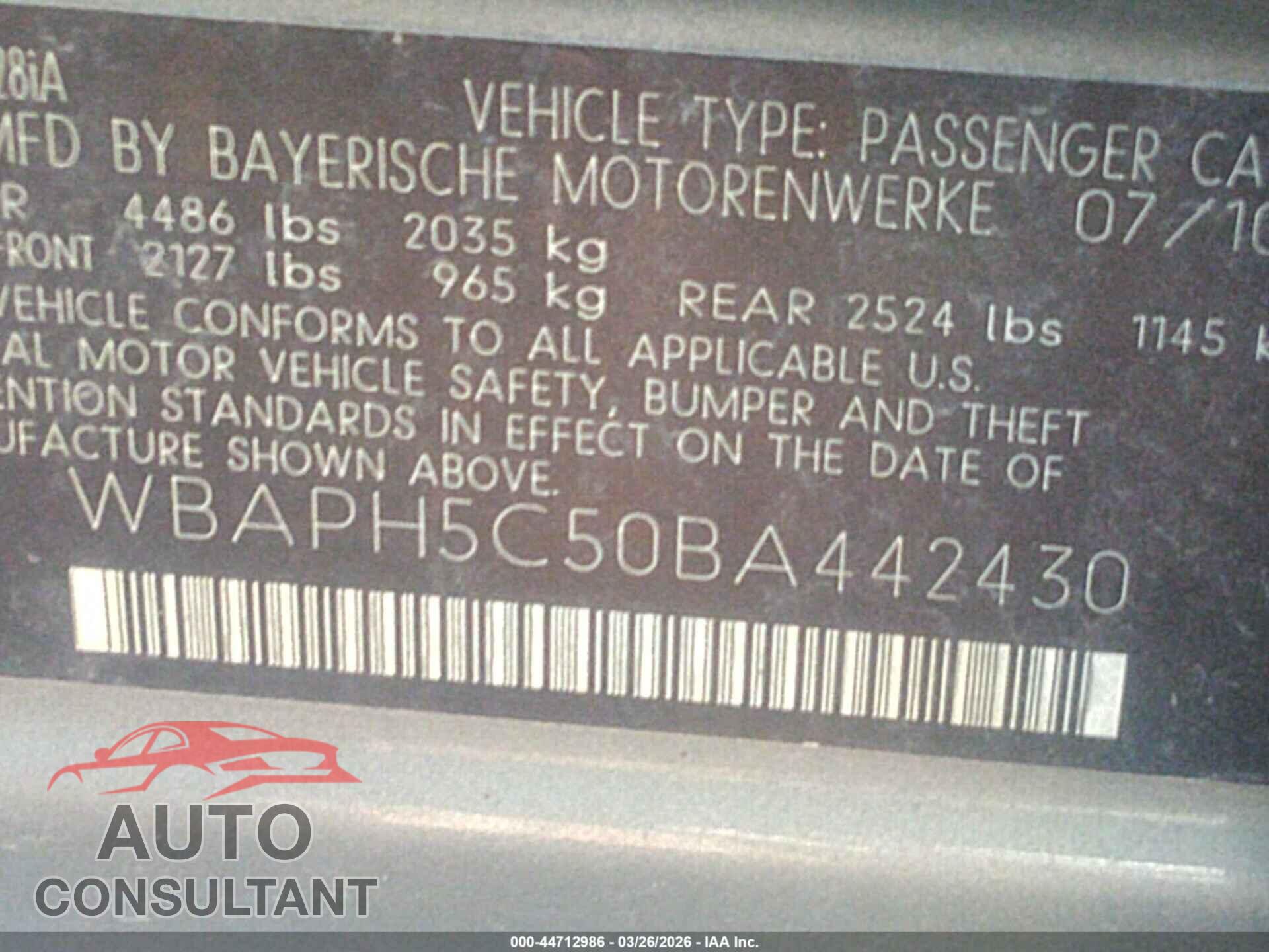 BMW 328I 2011 - WBAPH5C50BA442430