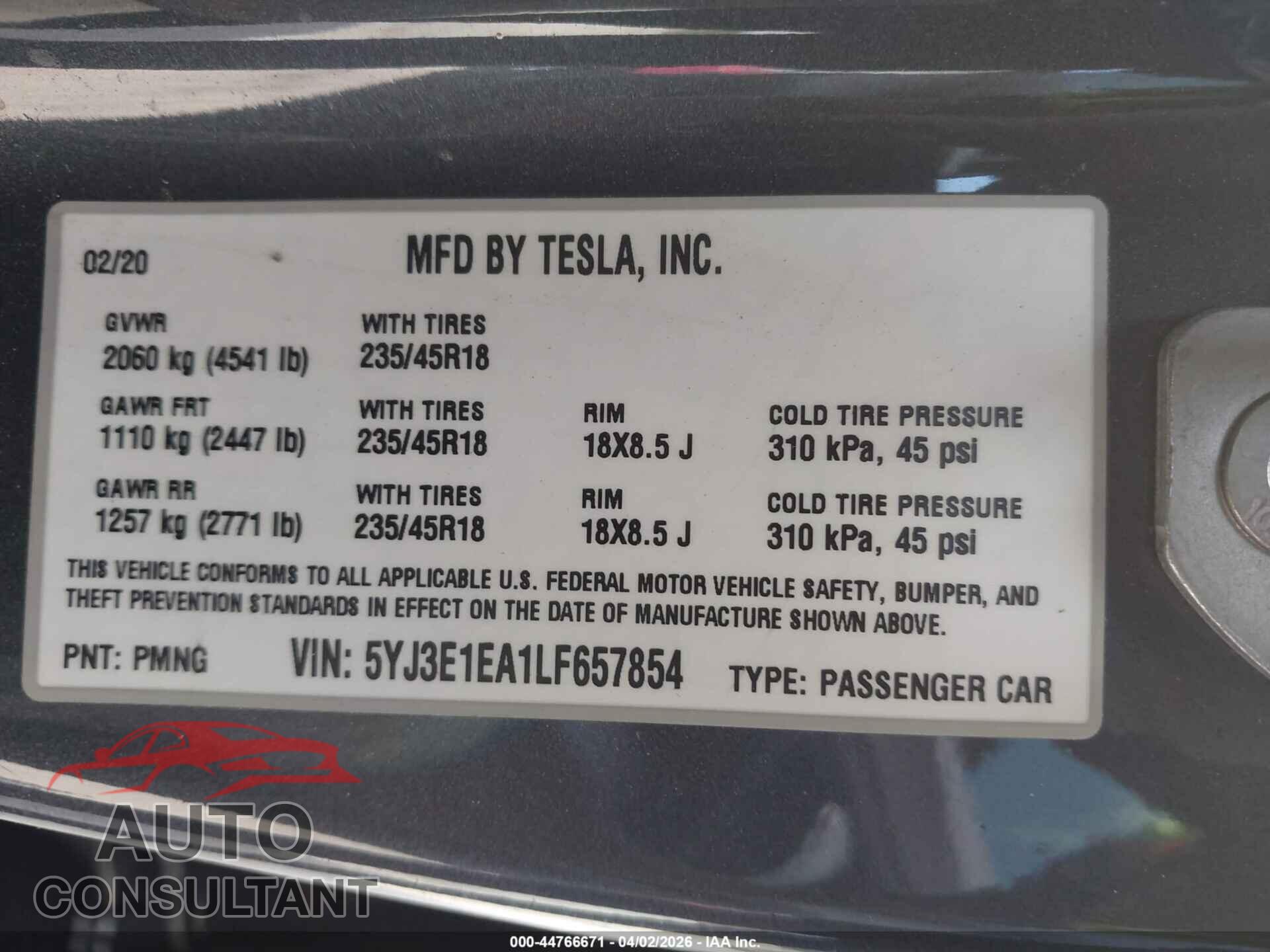 TESLA MODEL 3 2020 - 5YJ3E1EA1LF657854