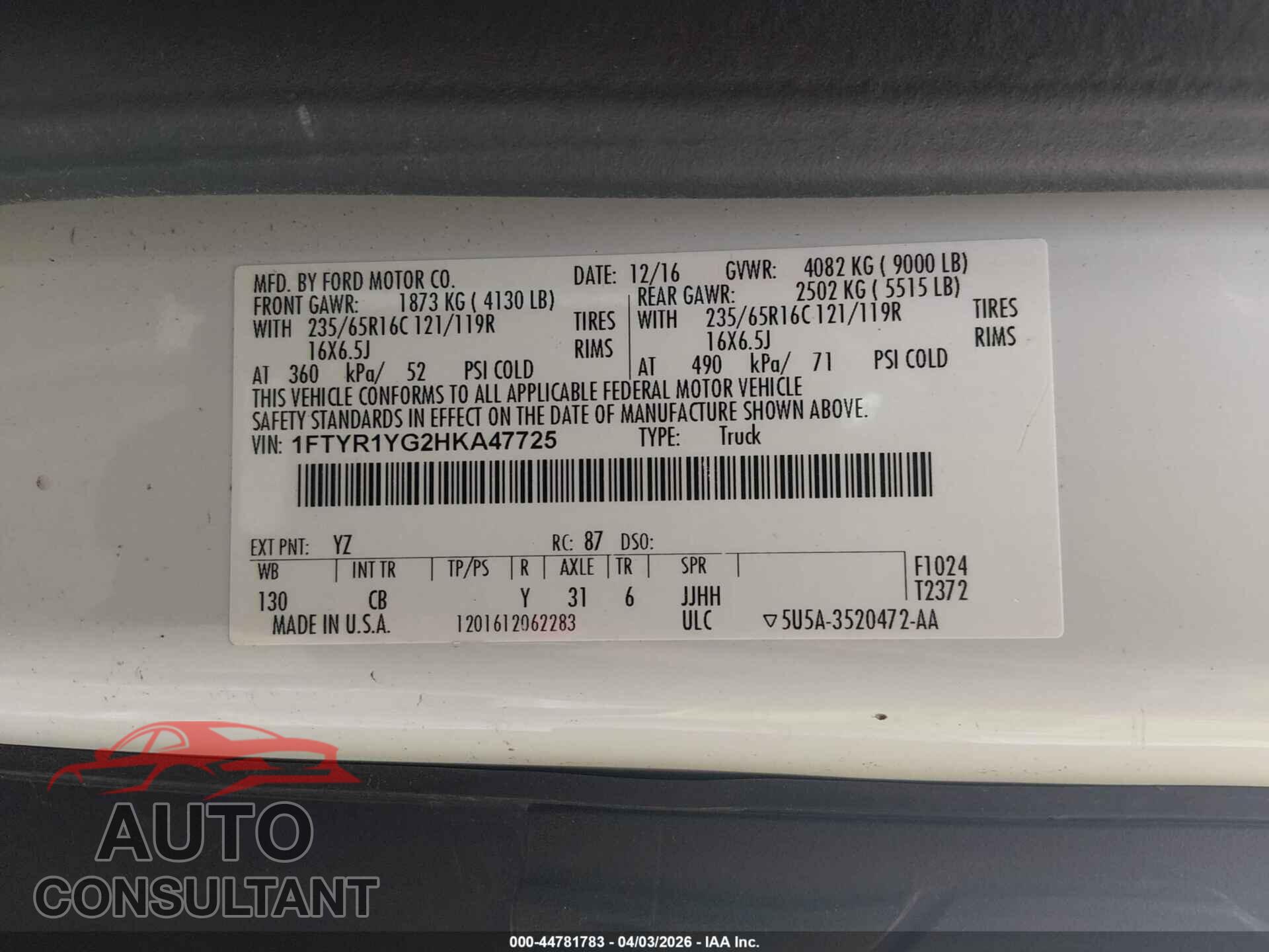 FORD TRANSIT-250 2017 - 1FTYR1YG2HKA47725