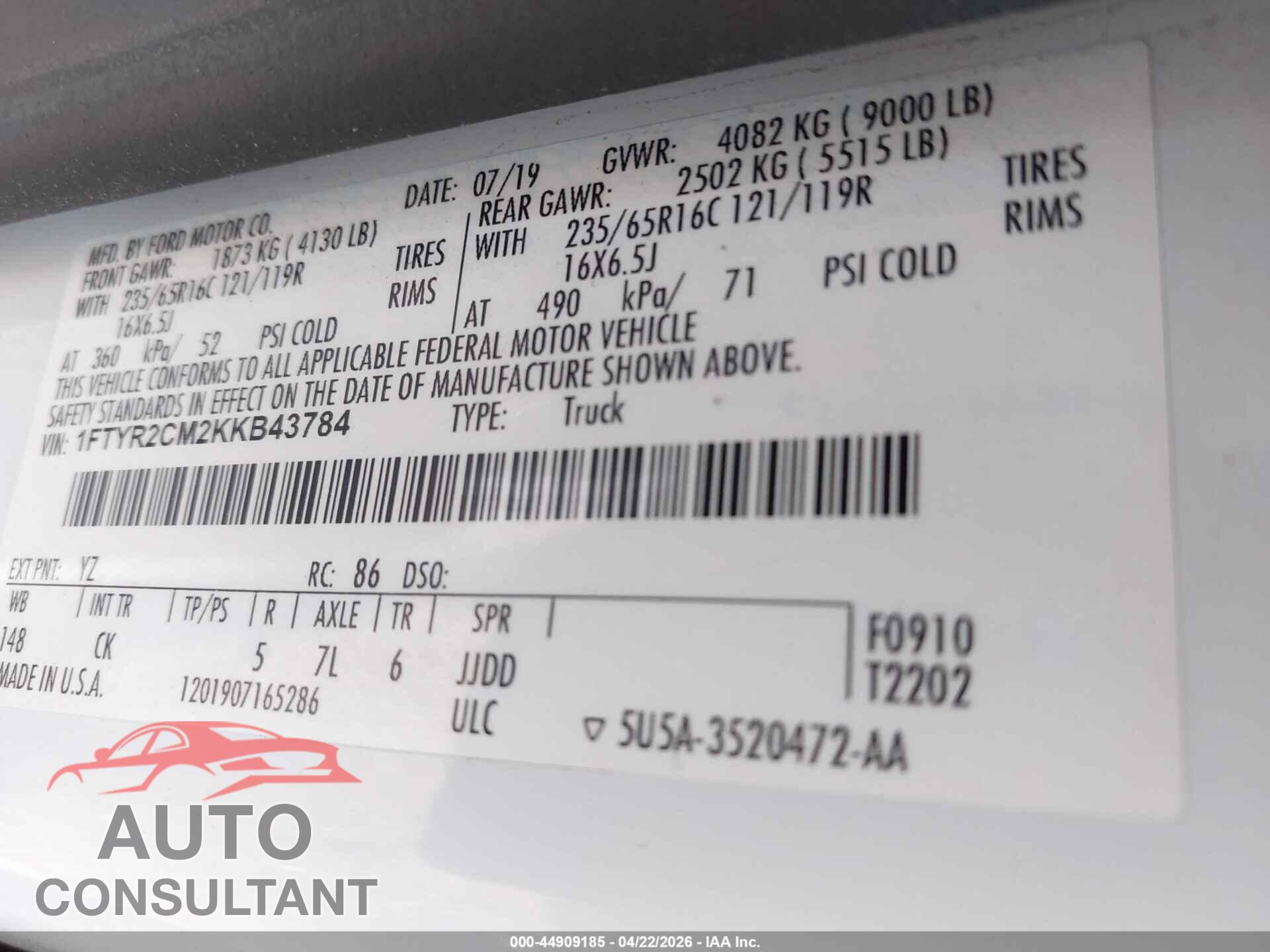 FORD TRANSIT-250 2019 - 1FTYR2CM2KKB43784