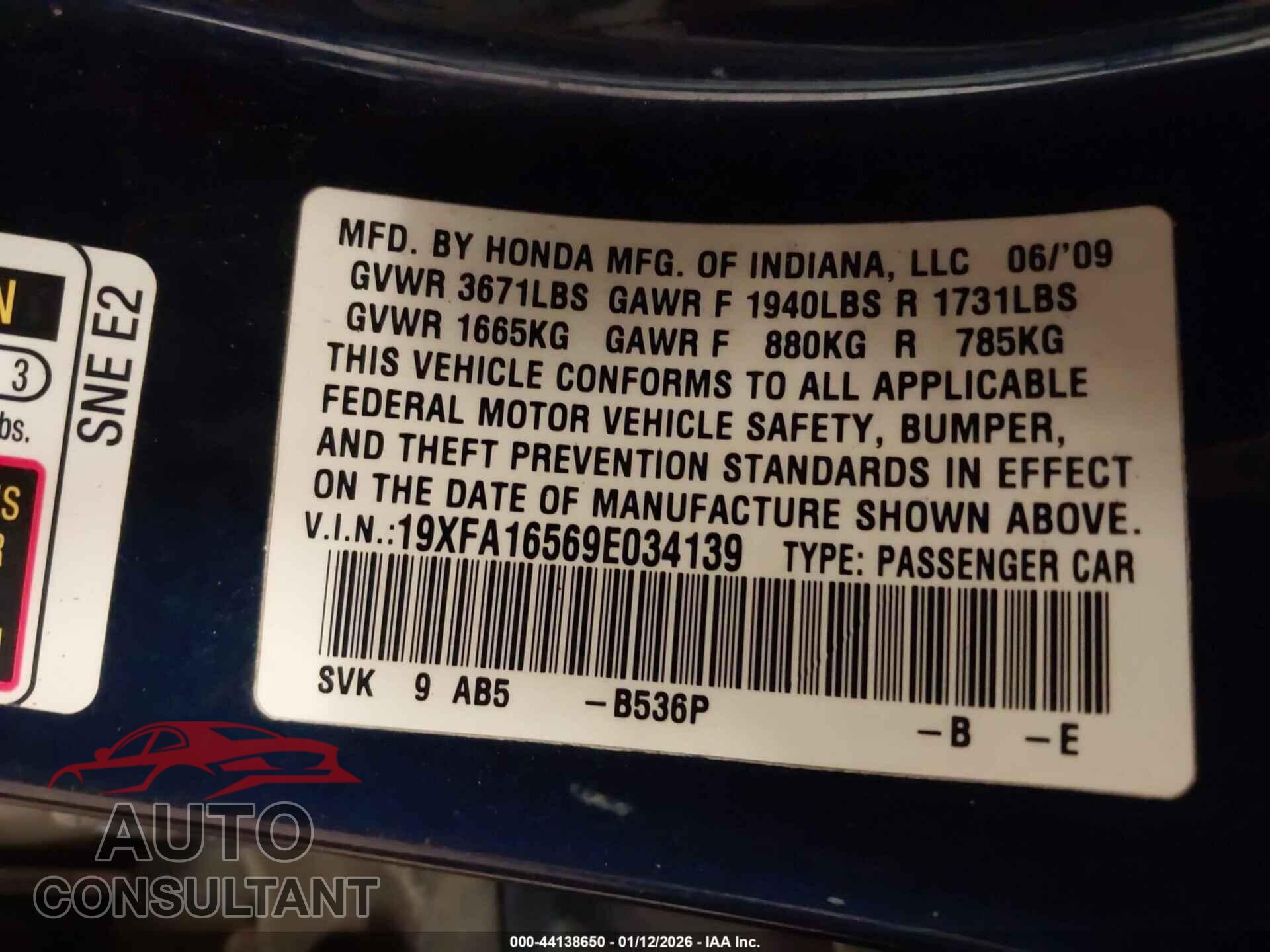 HONDA CIVIC 2009 - 19XFA16569E034139