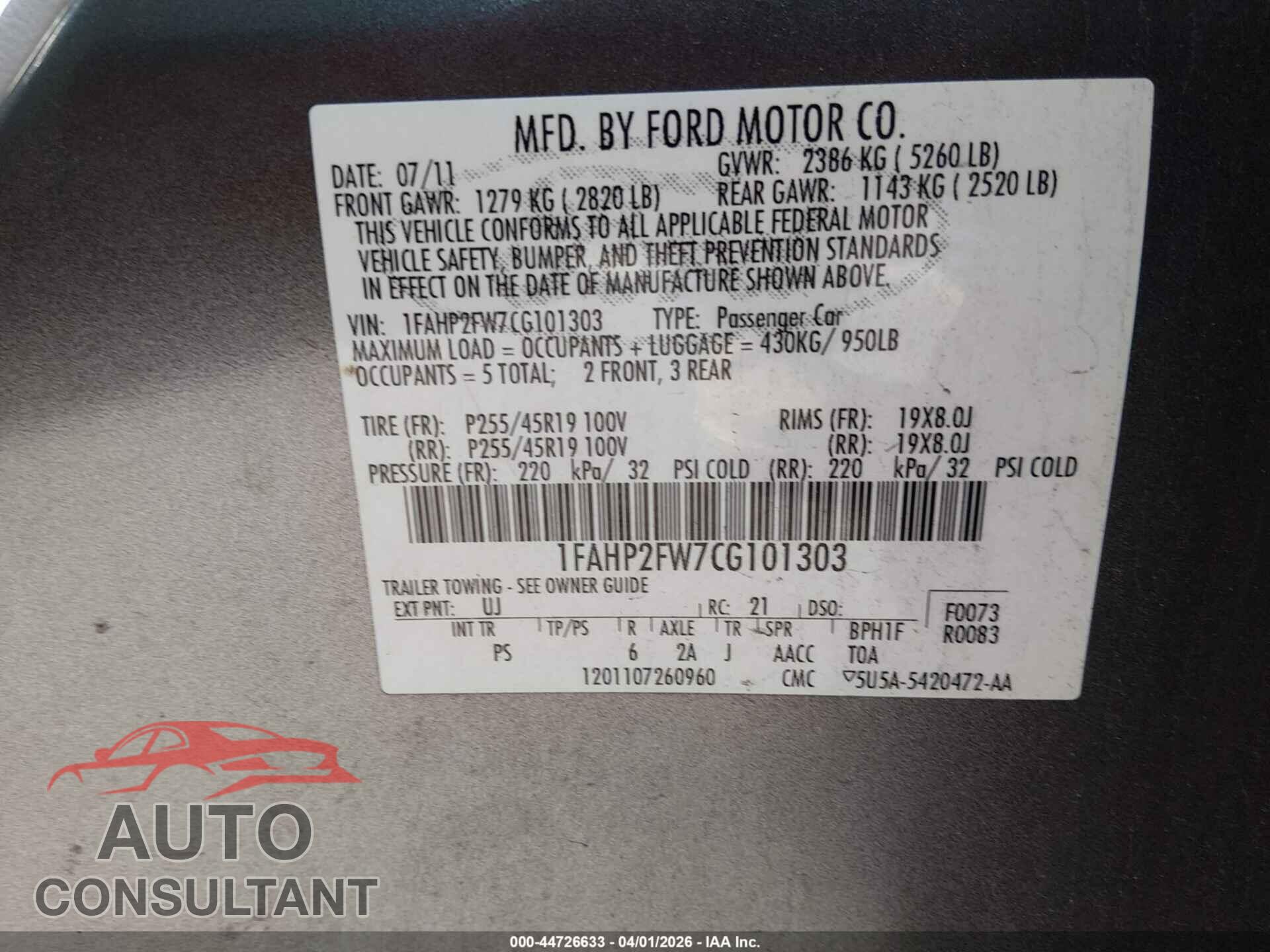 FORD TAURUS 2012 - 1FAHP2FW7CG101303