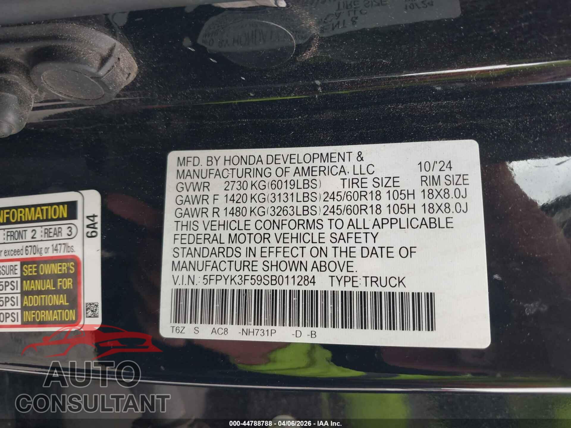 HONDA RIDGELINE 2025 - 5FPYK3F59SB011284