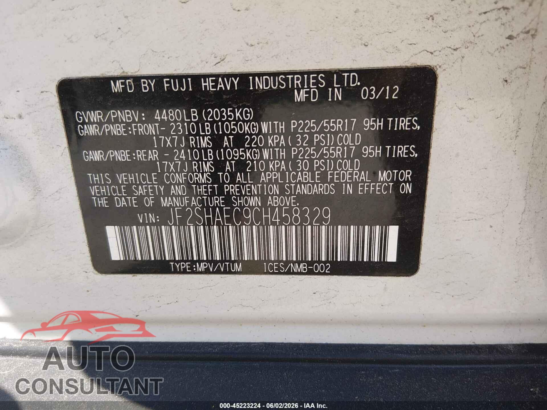 SUBARU FORESTER 2012 - JF2SHAEC9CH458329