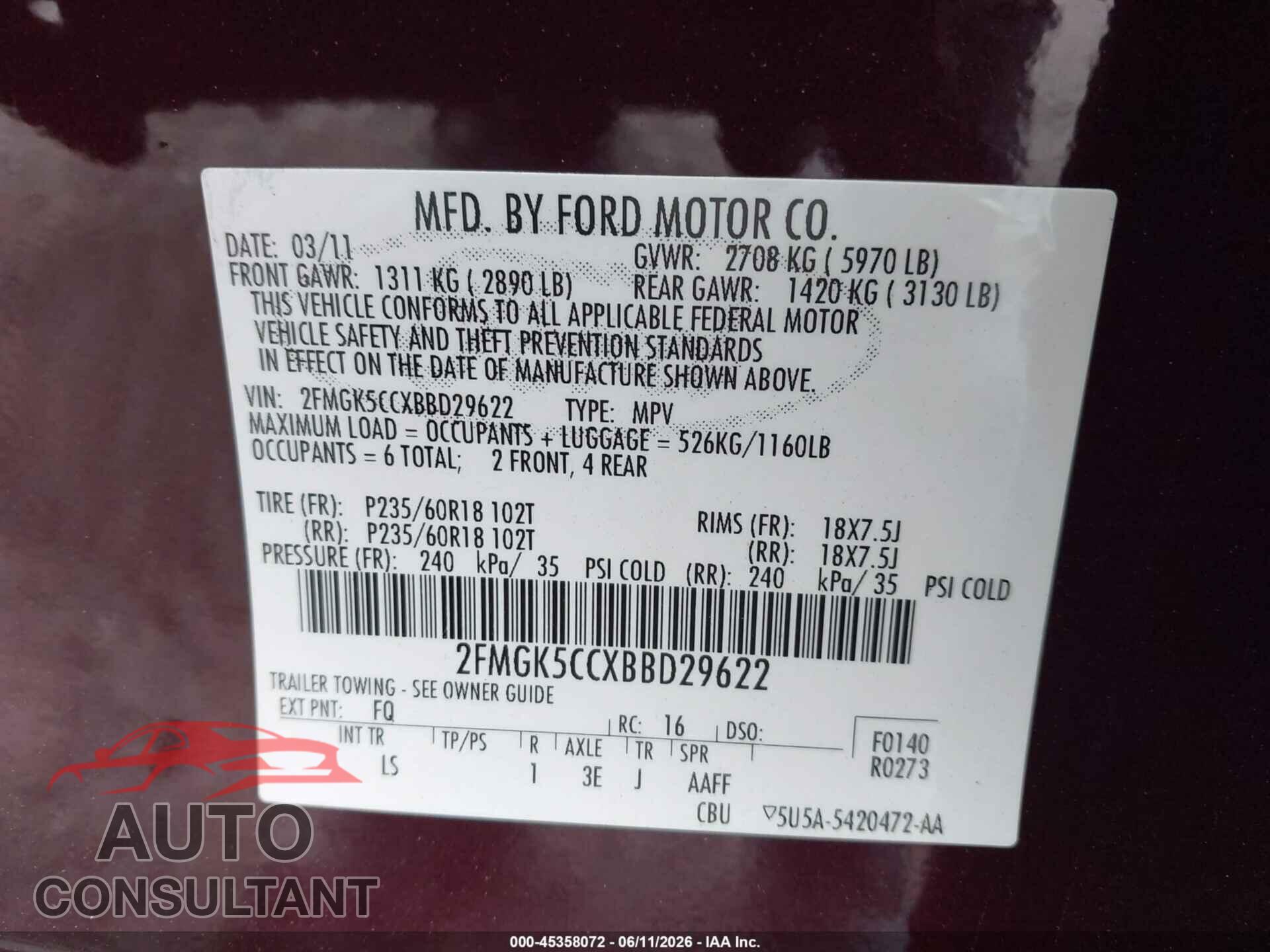 FORD FLEX 2011 - 2FMGK5CCXBBD29622