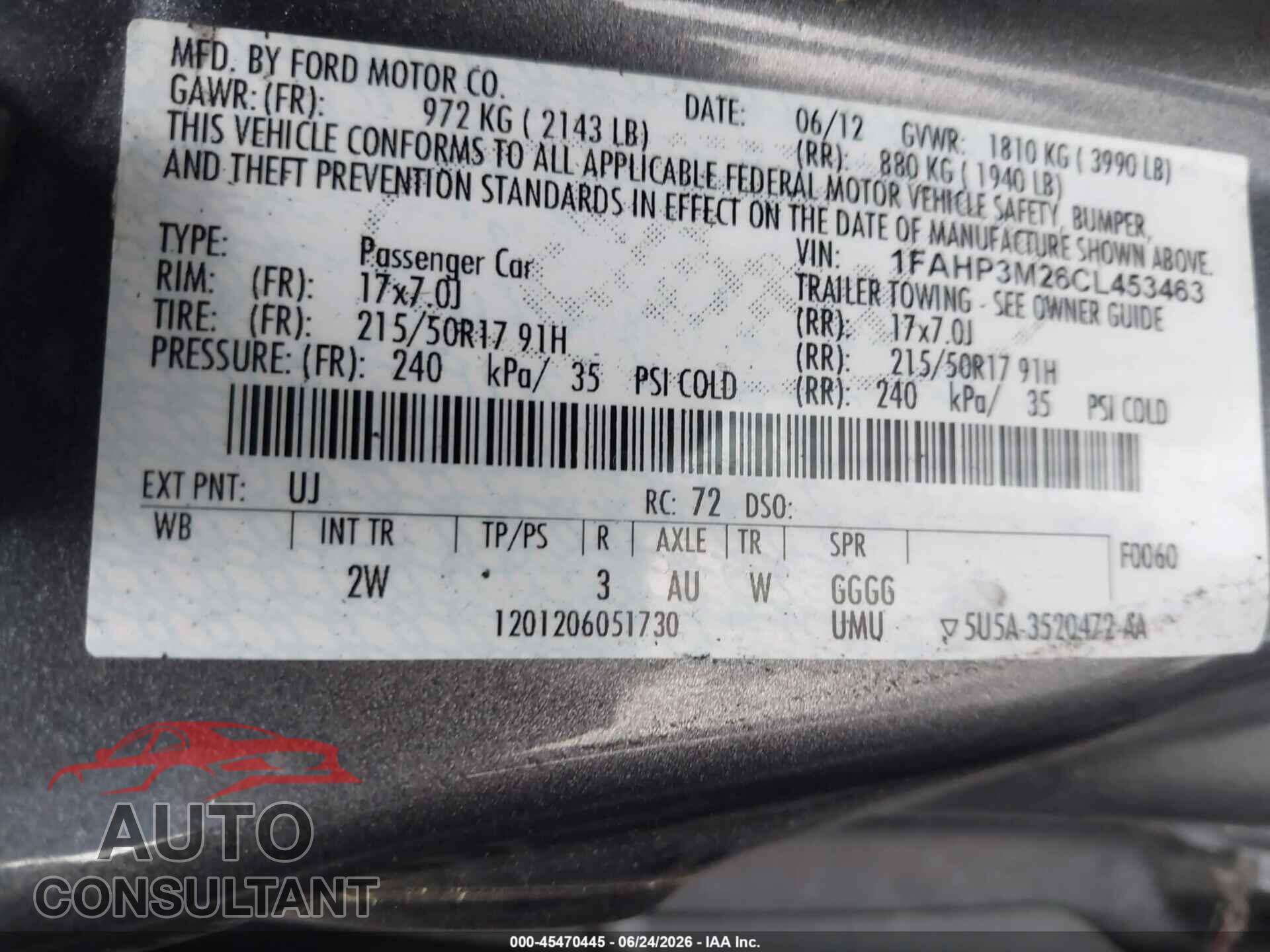 FORD FOCUS 2012 - 1FAHP3M26CL453463