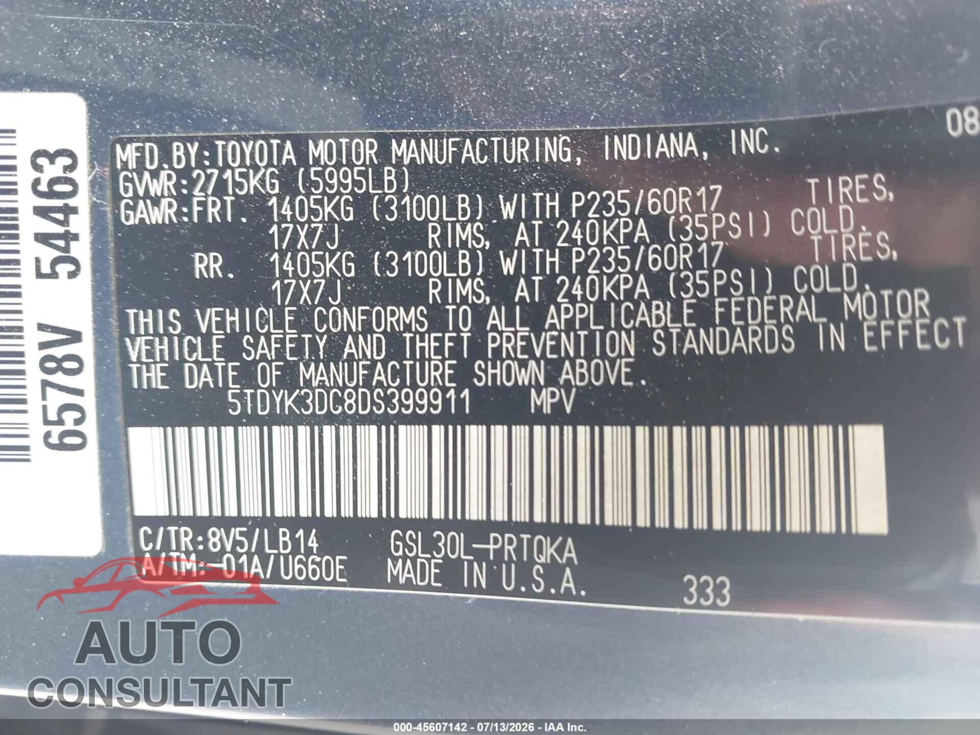 TOYOTA SIENNA 2013 - 5TDYK3DC8DS399911