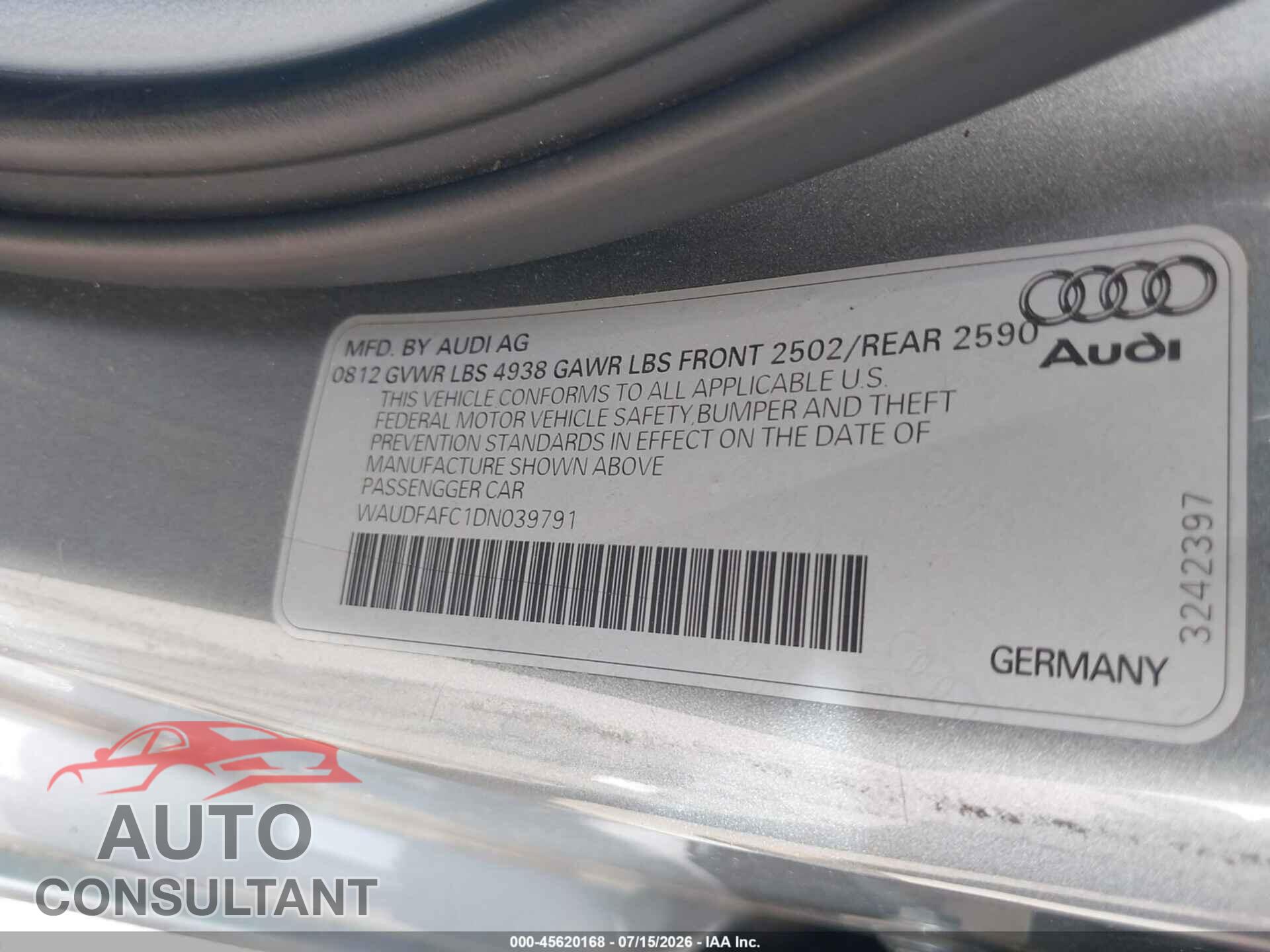 AUDI A6 2013 - WAUDFAFC1DN039791