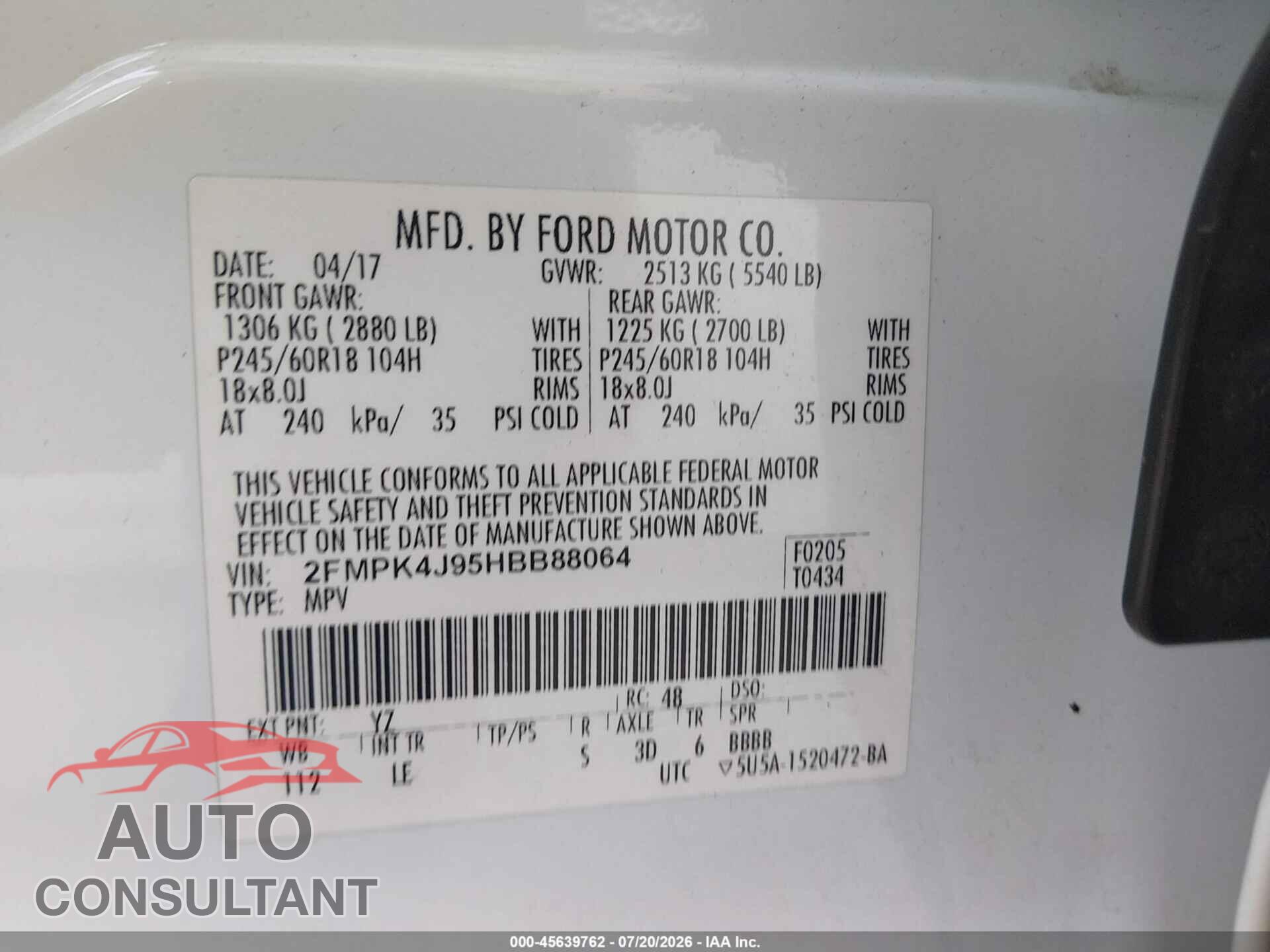 FORD EDGE 2017 - 2FMPK4J95HBB88064