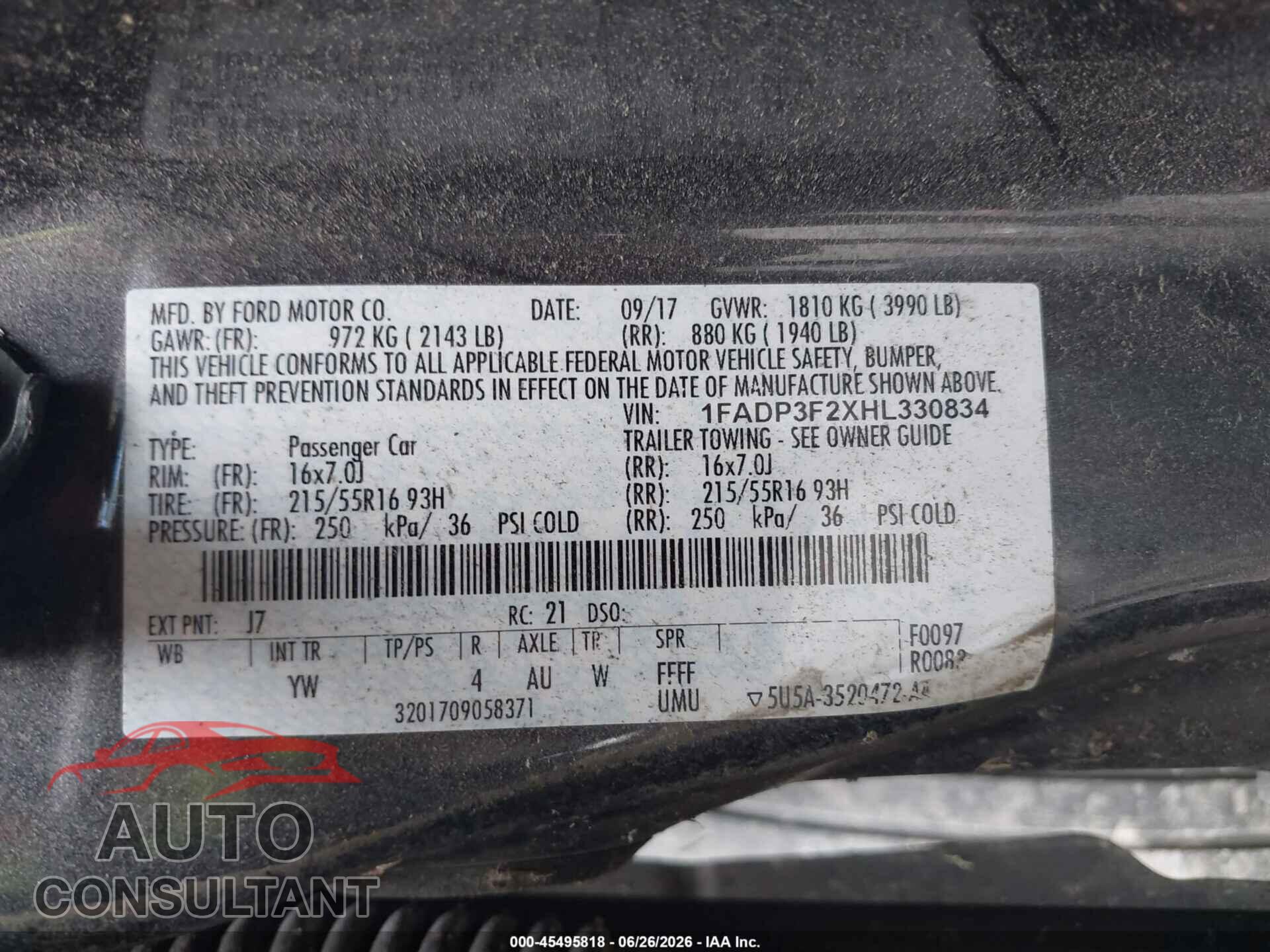 FORD FOCUS 2017 - 1FADP3F2XHL330834