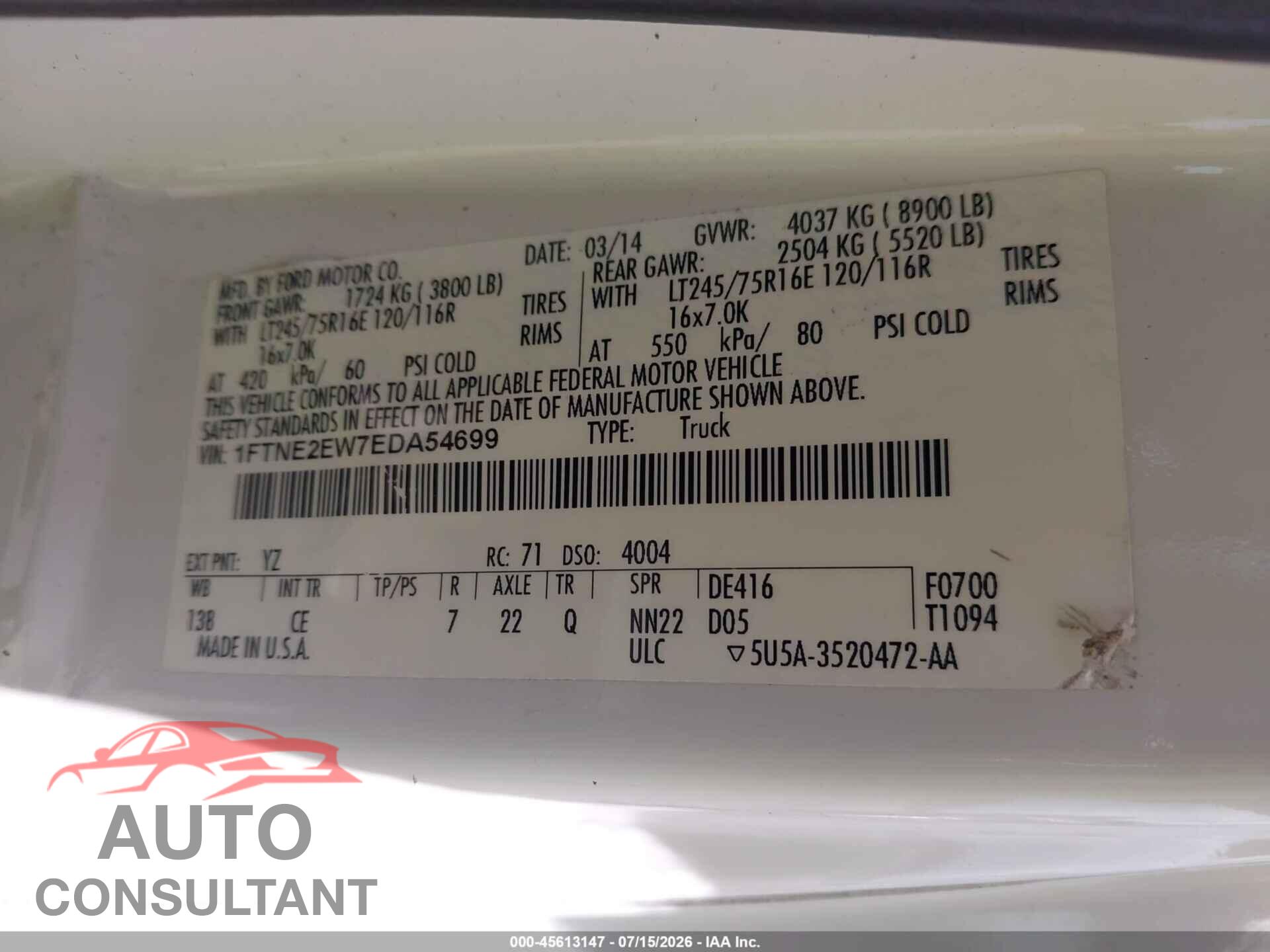 FORD E-250 2014 - 1FTNE2EW7EDA54699