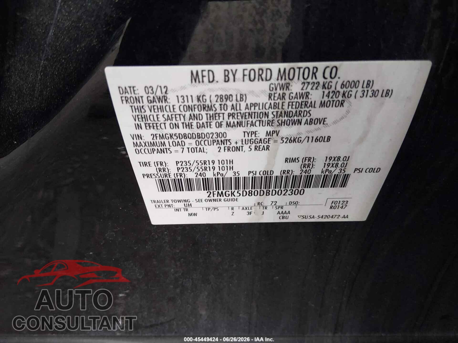 FORD FLEX 2013 - 2FMGK5D80DBD02300