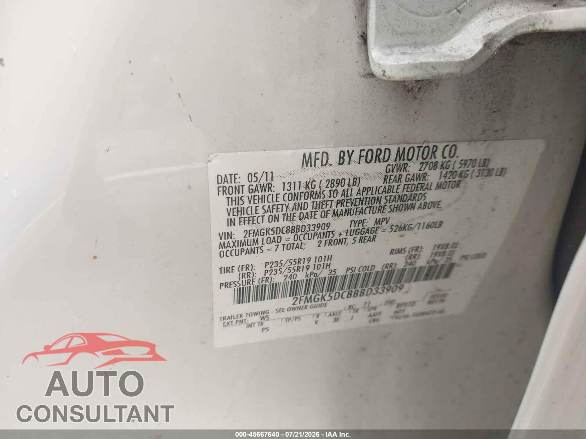 FORD FLEX 2011 - 2FMGK5DC8BBD33909