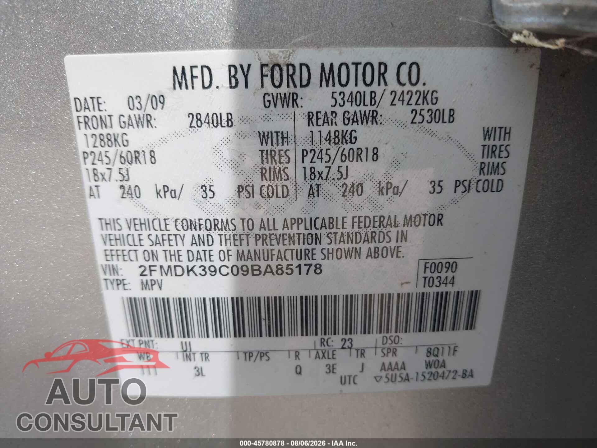 FORD EDGE 2009 - 2FMDK39C09BA85178