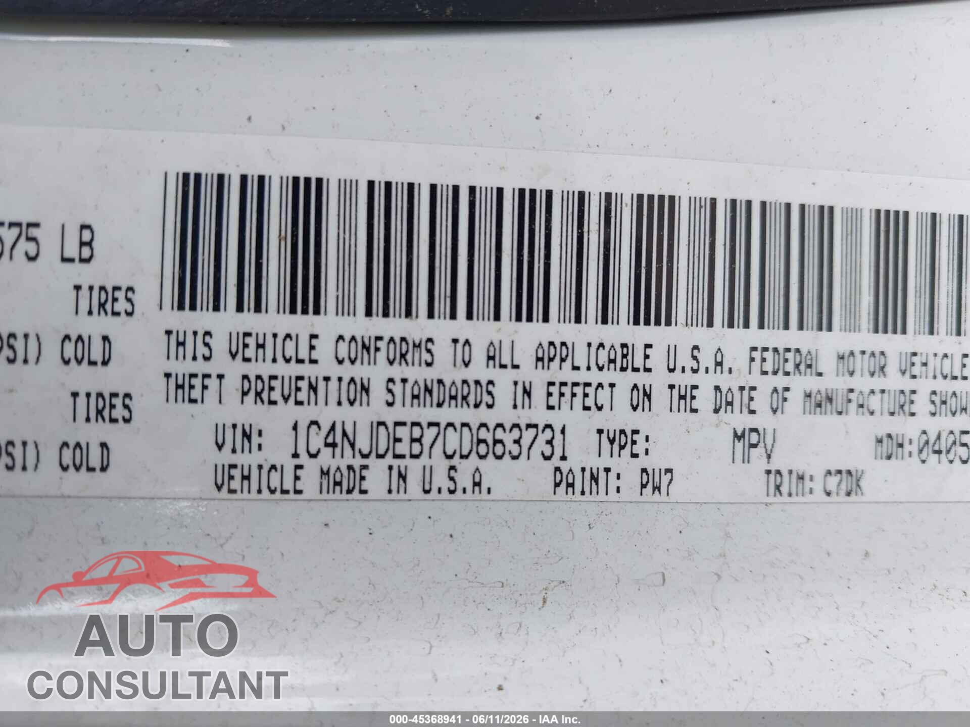 JEEP COMPASS 2012 - 1C4NJDEB7CD663731