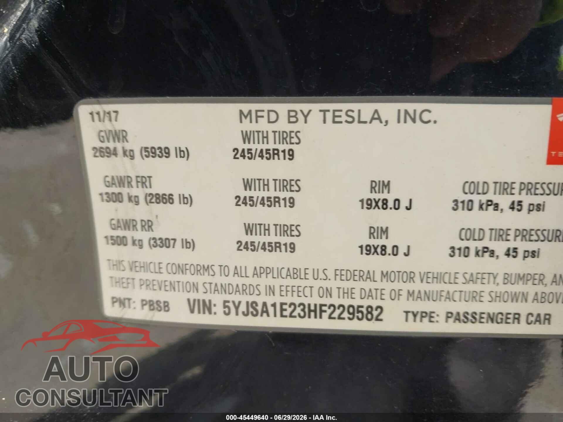 TESLA MODEL S 2017 - 5YJSA1E23HF229582